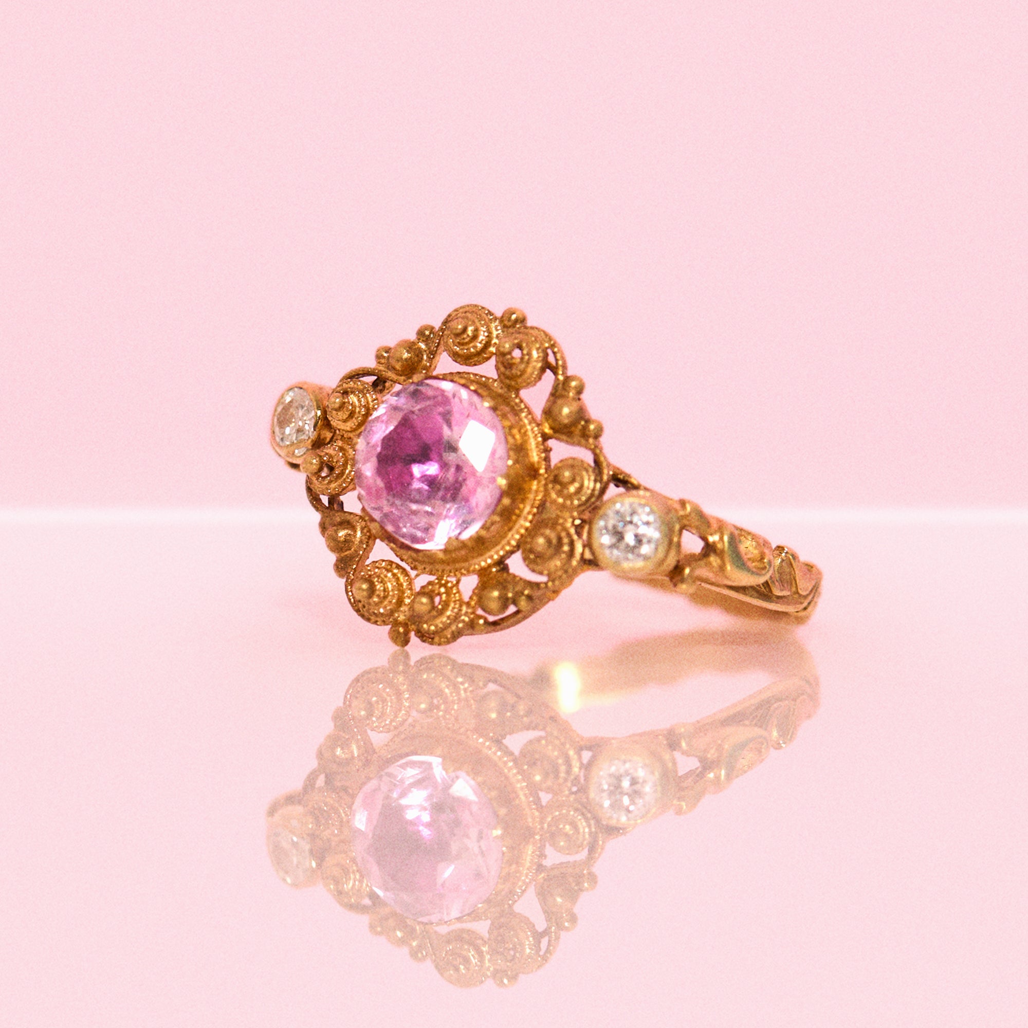 15ct gold pink topaz and diamond pin conversion antique ring