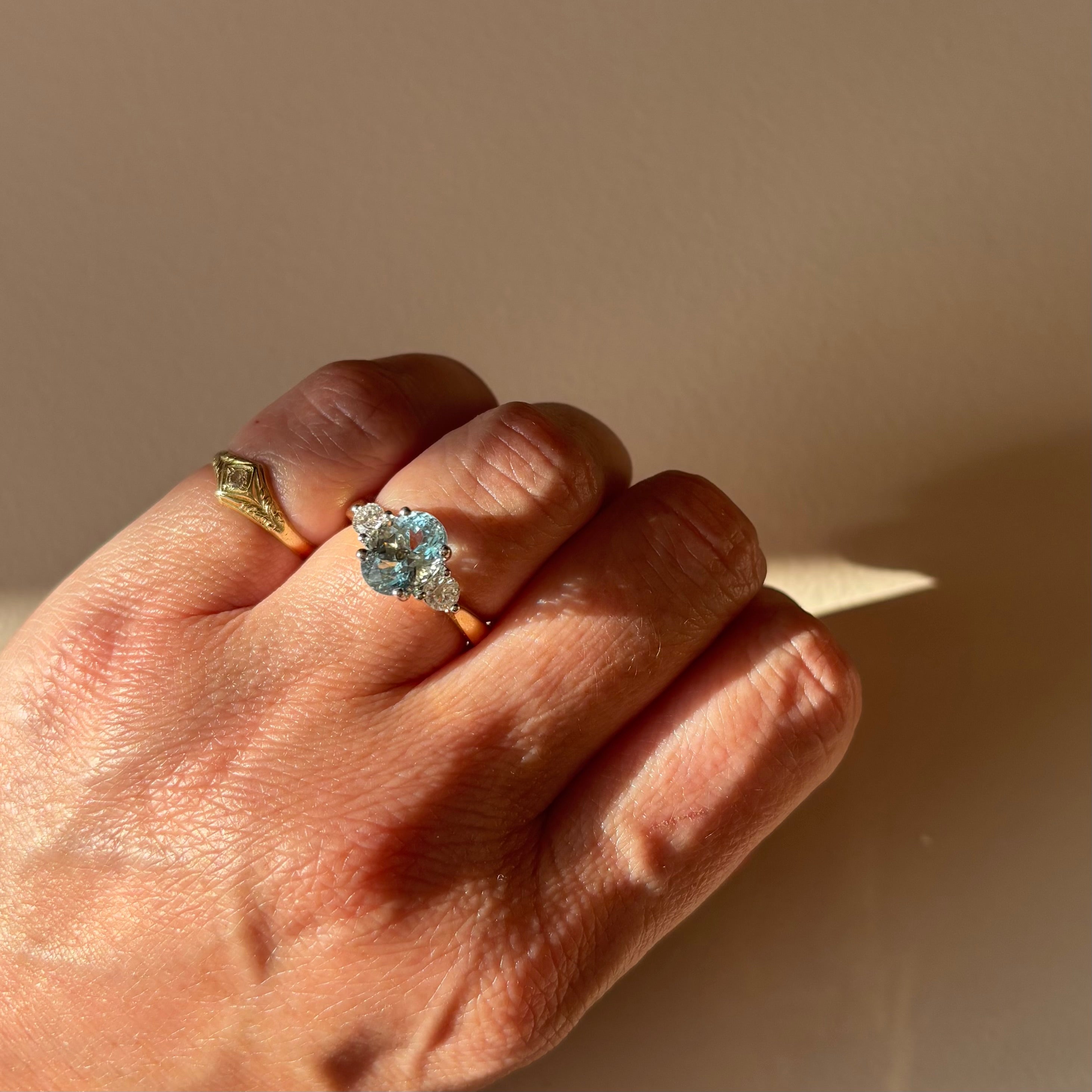 18ct gold 2.03ct aquamarine and 0.33ct diamond three stone ring (Made to order)