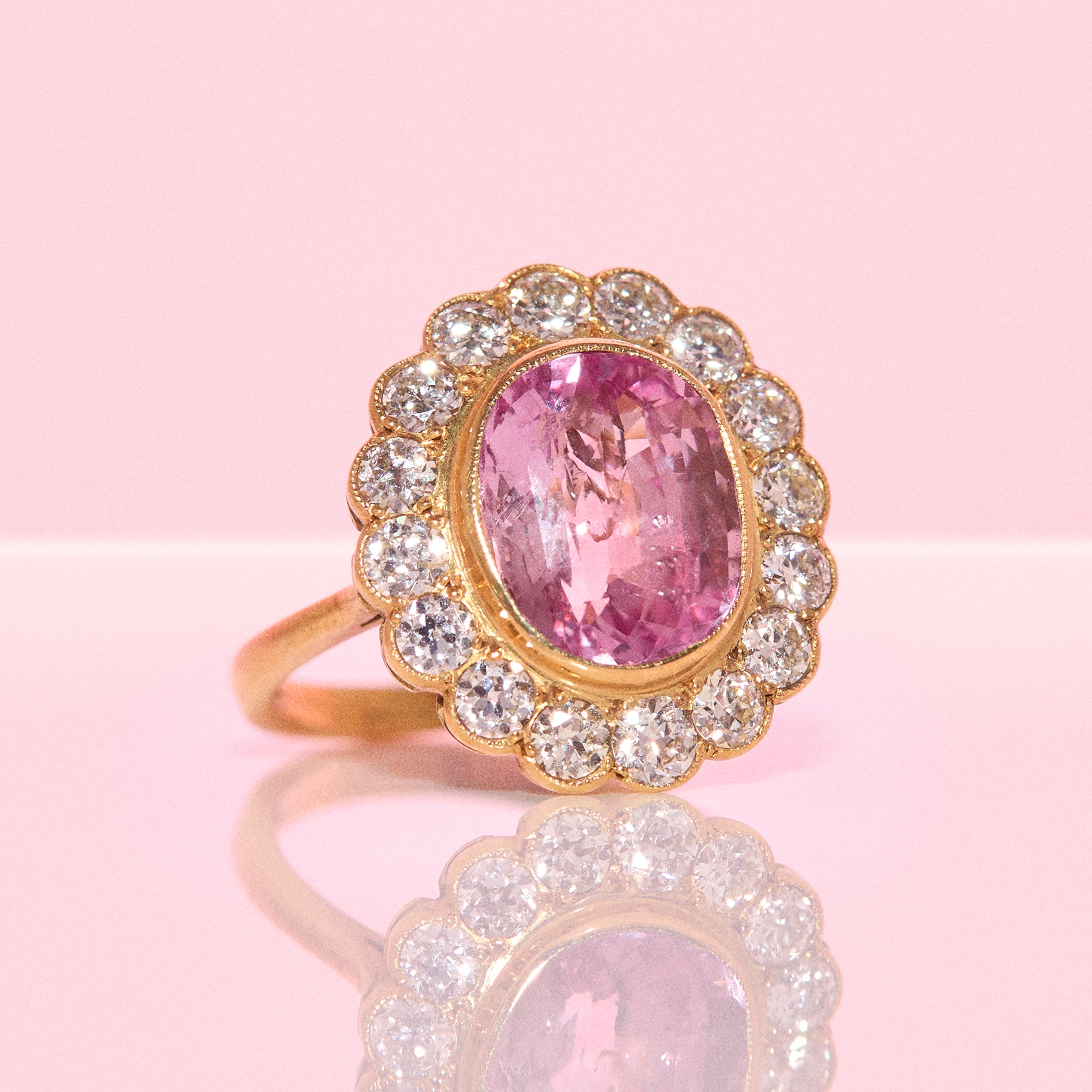 Vintage 18ct gold 6.27ct pink Ceylon cushion cut Sapphire and 1.50ct old cut diamond ring