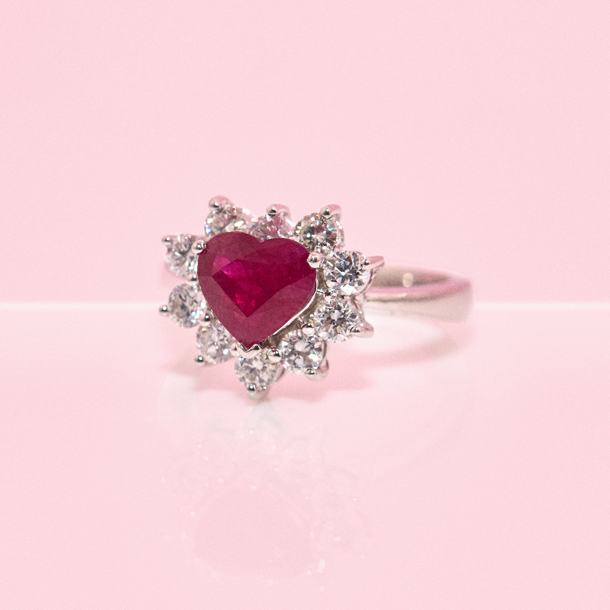 18ct white gold 1.61ct heart-shaped ruby and diamond cluster ring