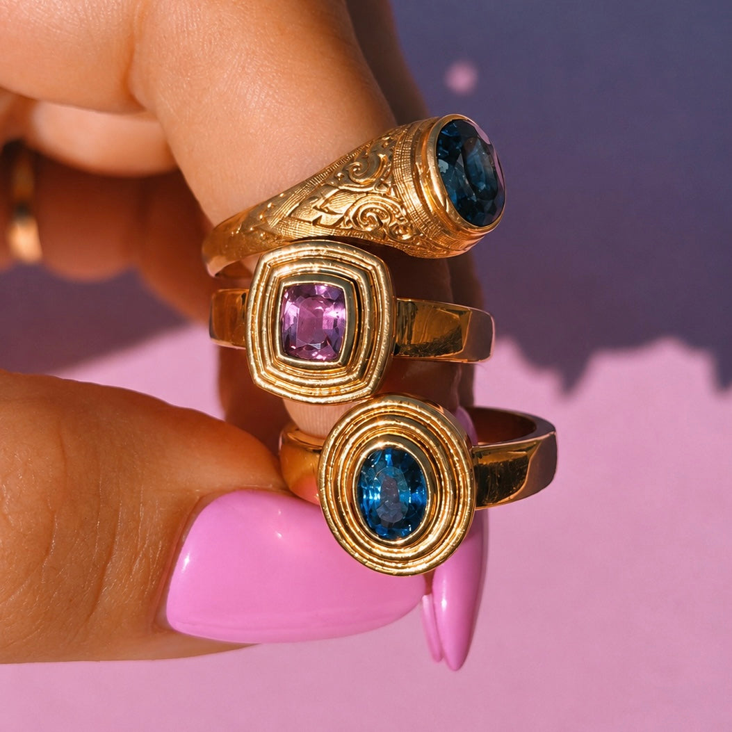 14ct gold plum maeve sapphire bezel set ring