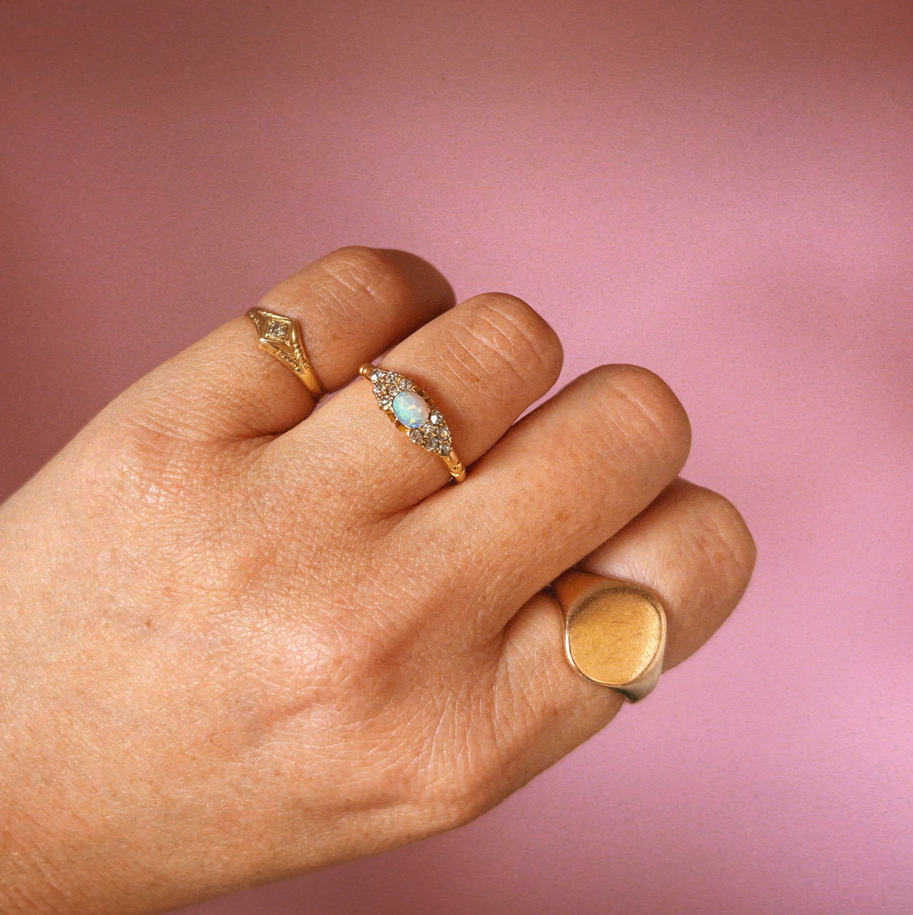 18ct gold opal and old cut diamond east to west Victorian ring