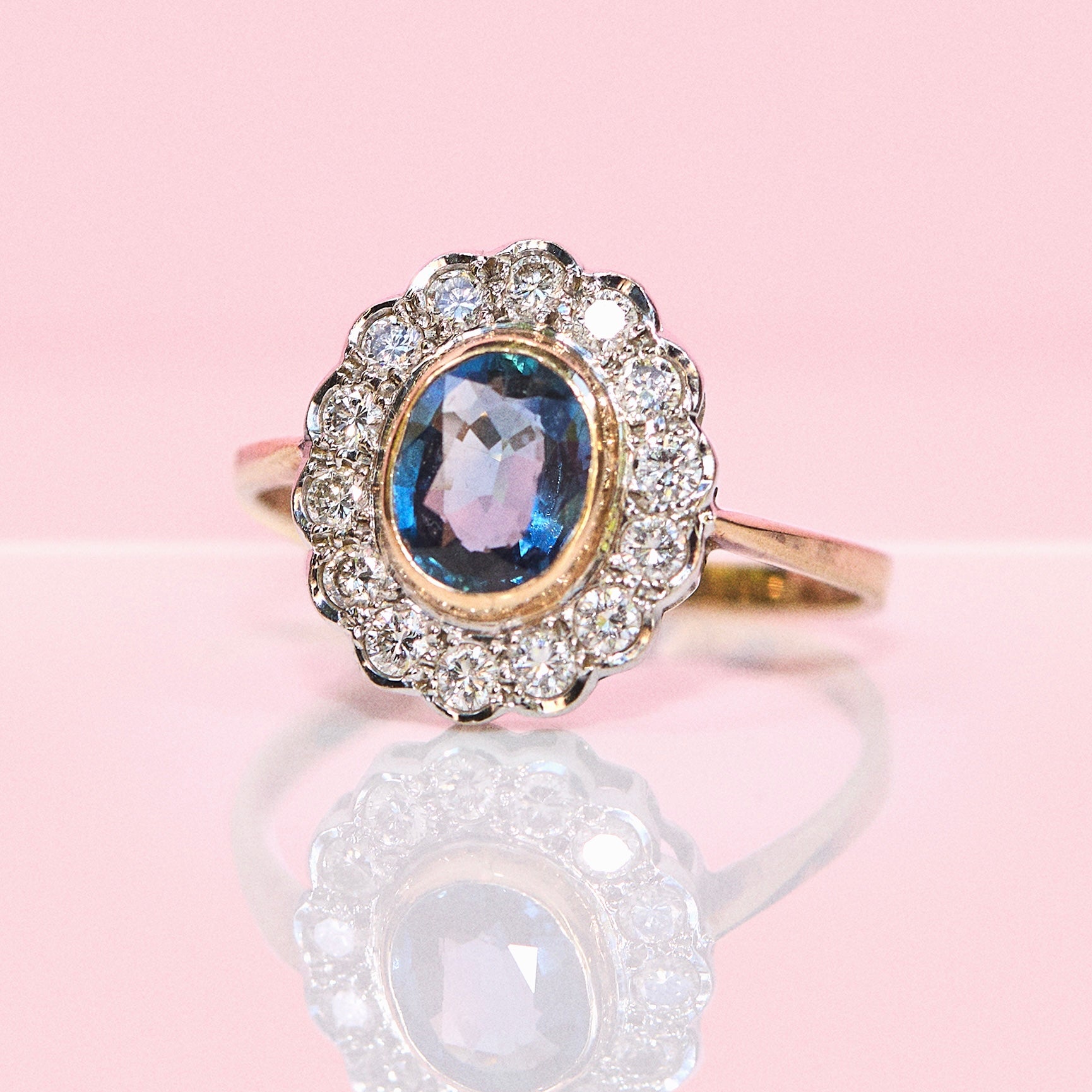 9ct gold bezel set sapphire and diamond antique cluster ring