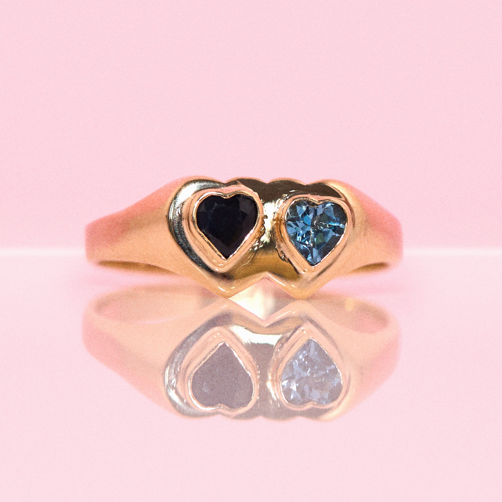 9ct gold bezel set aquamarine and sapphire double heart shaped signet ring (made to order)