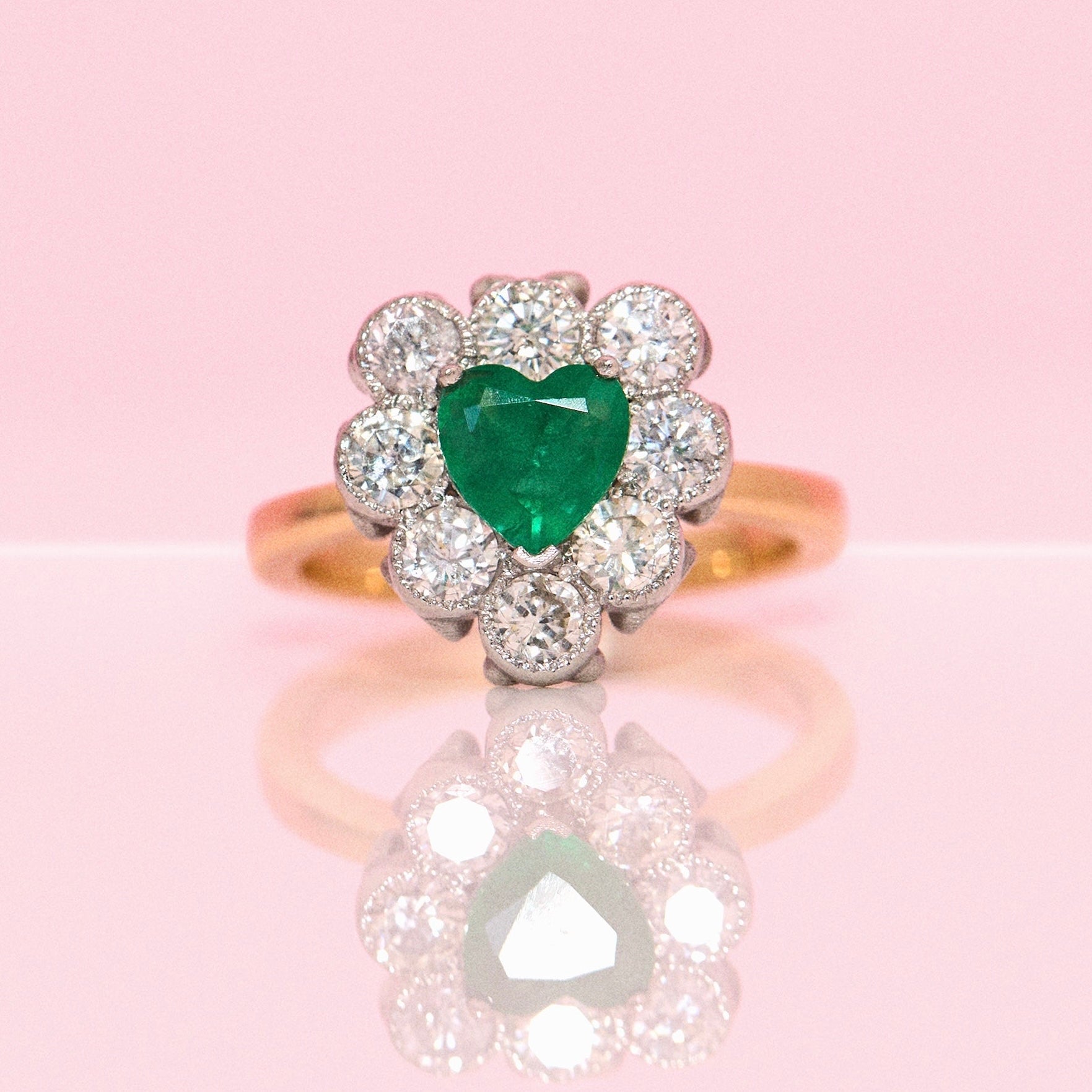 18ct gold heart-shaped emerald and diamond vintage earring conversion ring