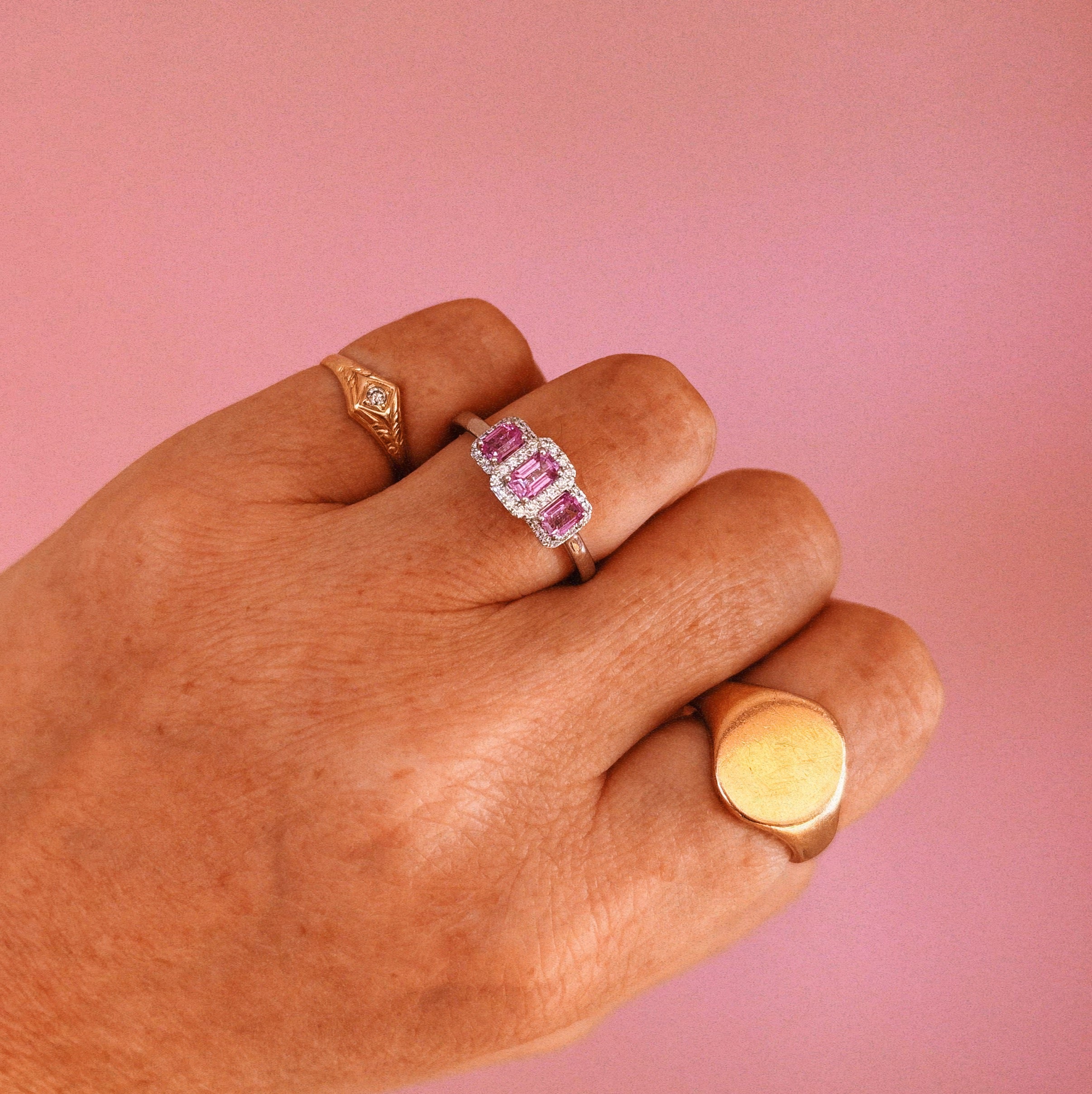 Platinum pink sapphire and diamond trilogy ring (made to order)