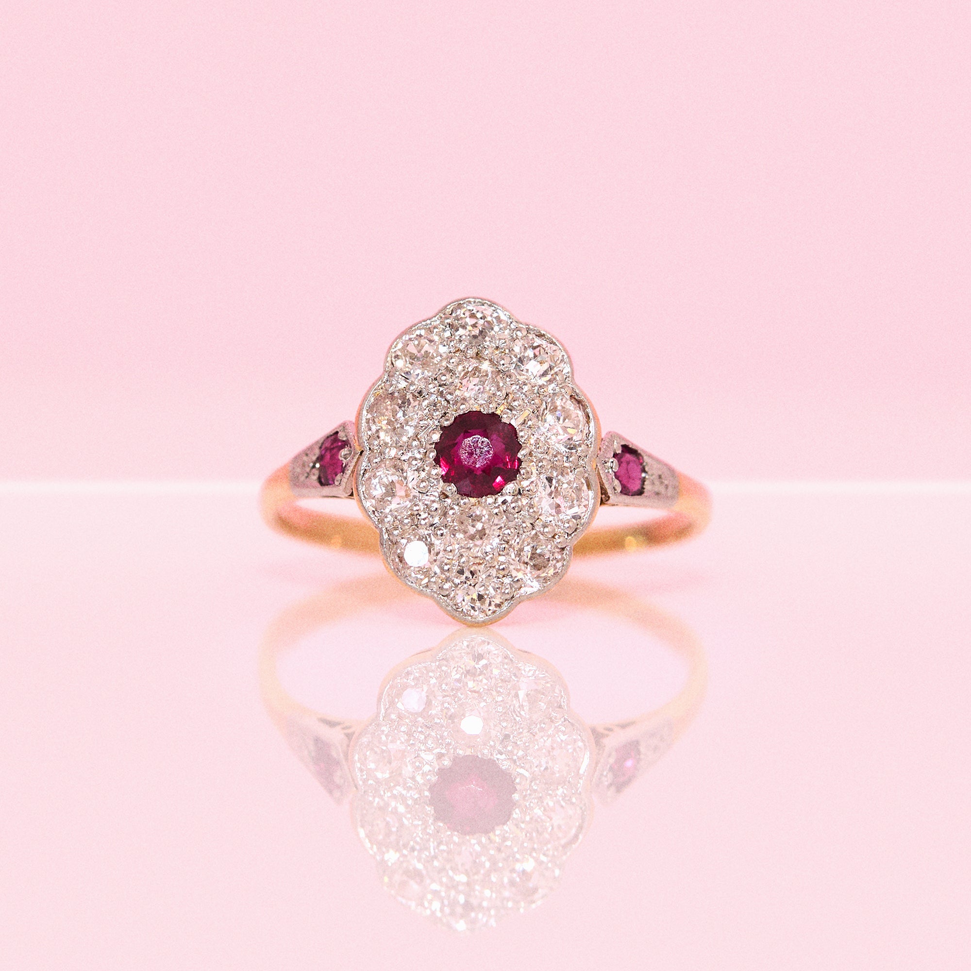 18ct gold old cut ruby and diamond cluster ring