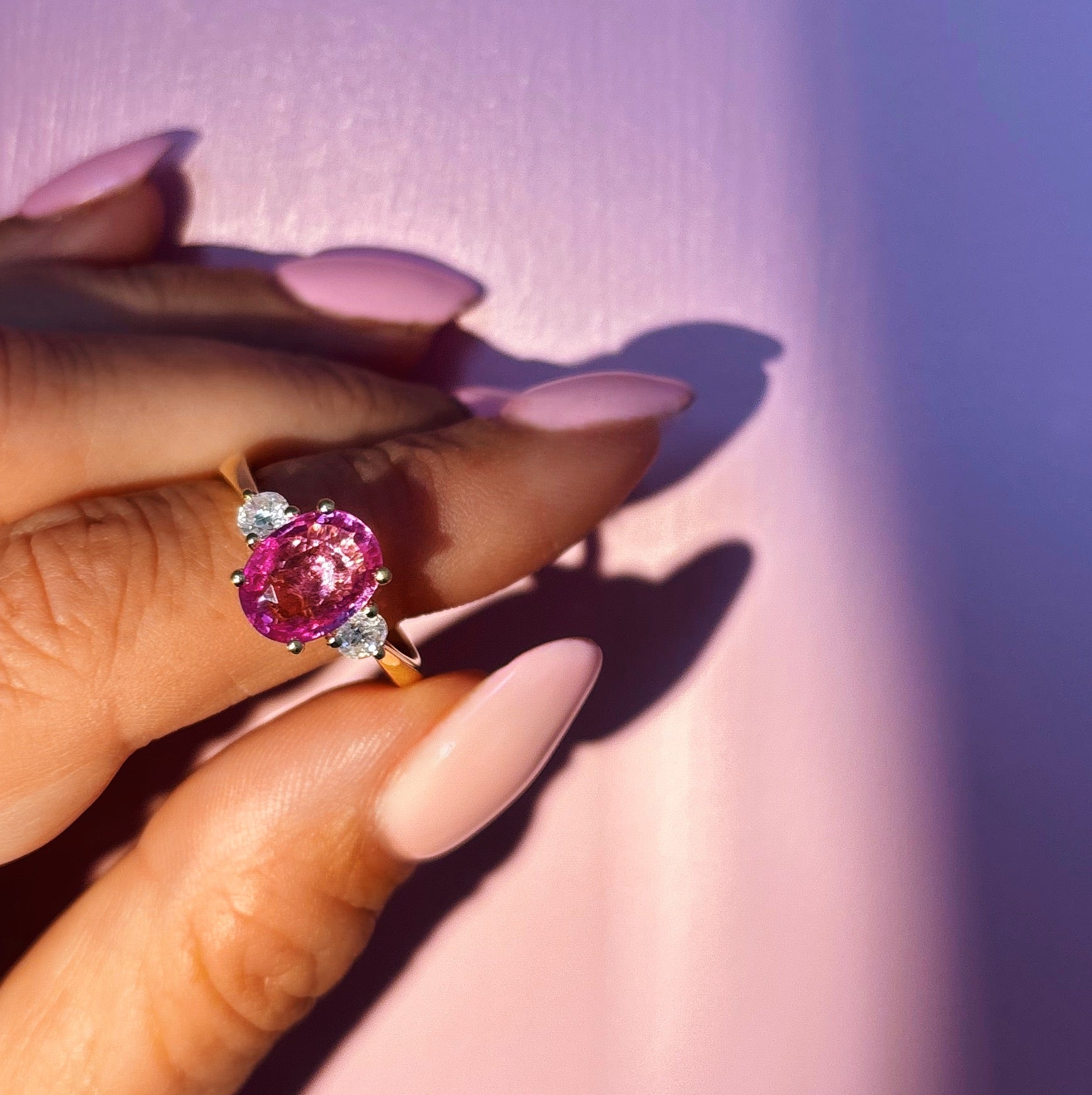 18ct gold 1.93ct pink sapphire and diamond three stone ring (made to order)