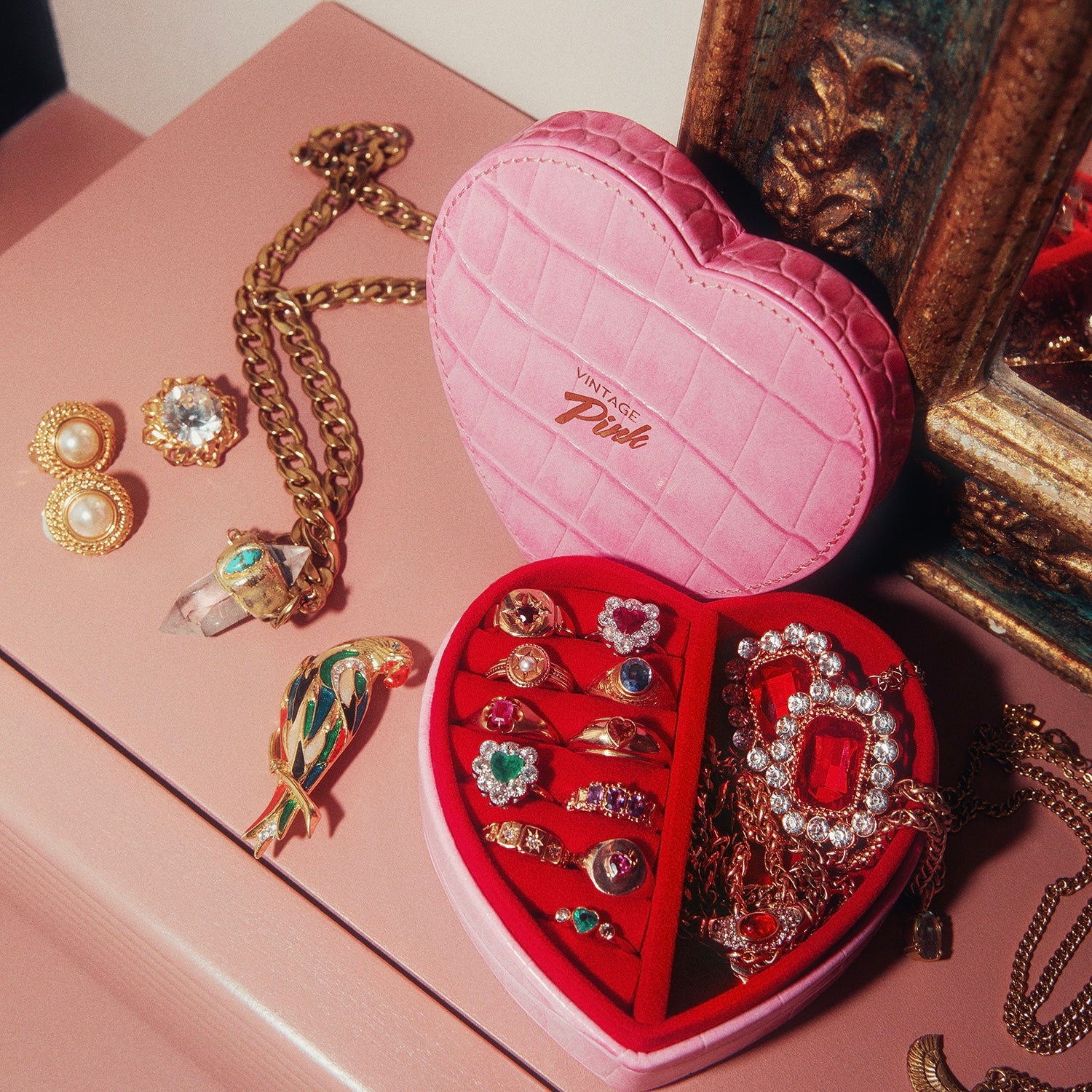 Heart-shaped pink faux croc and red velvet jewellery box (pre-order for Christmas)