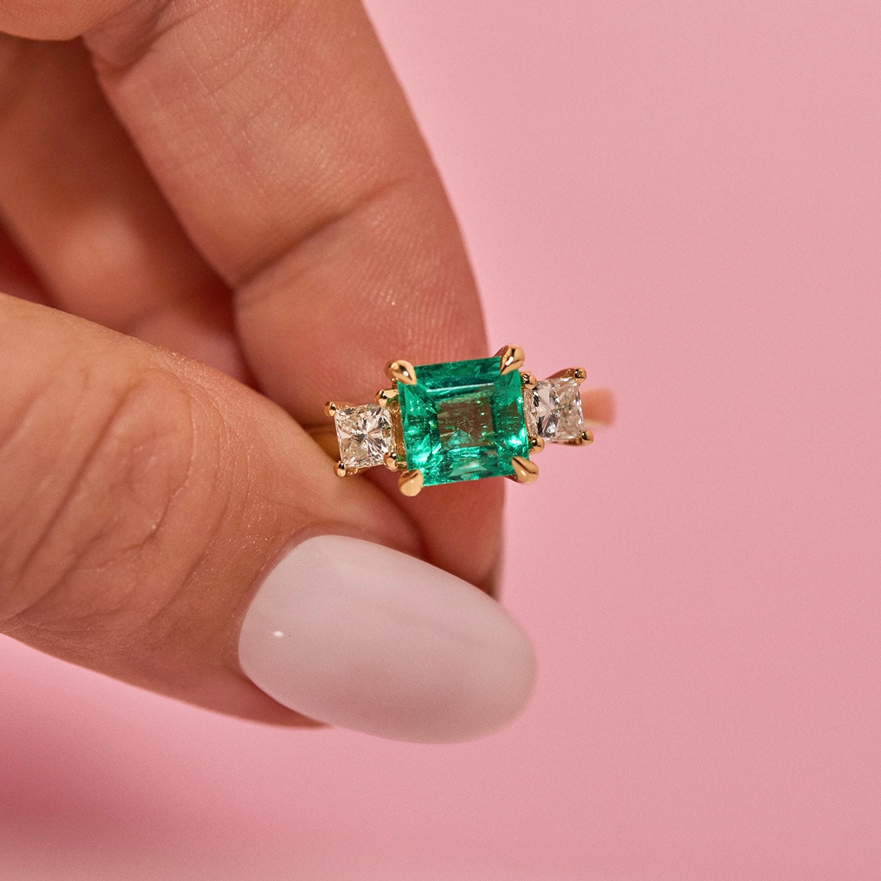 18ct gold 1.65ct Columbian emerald and diamond three stone ring (made to order)