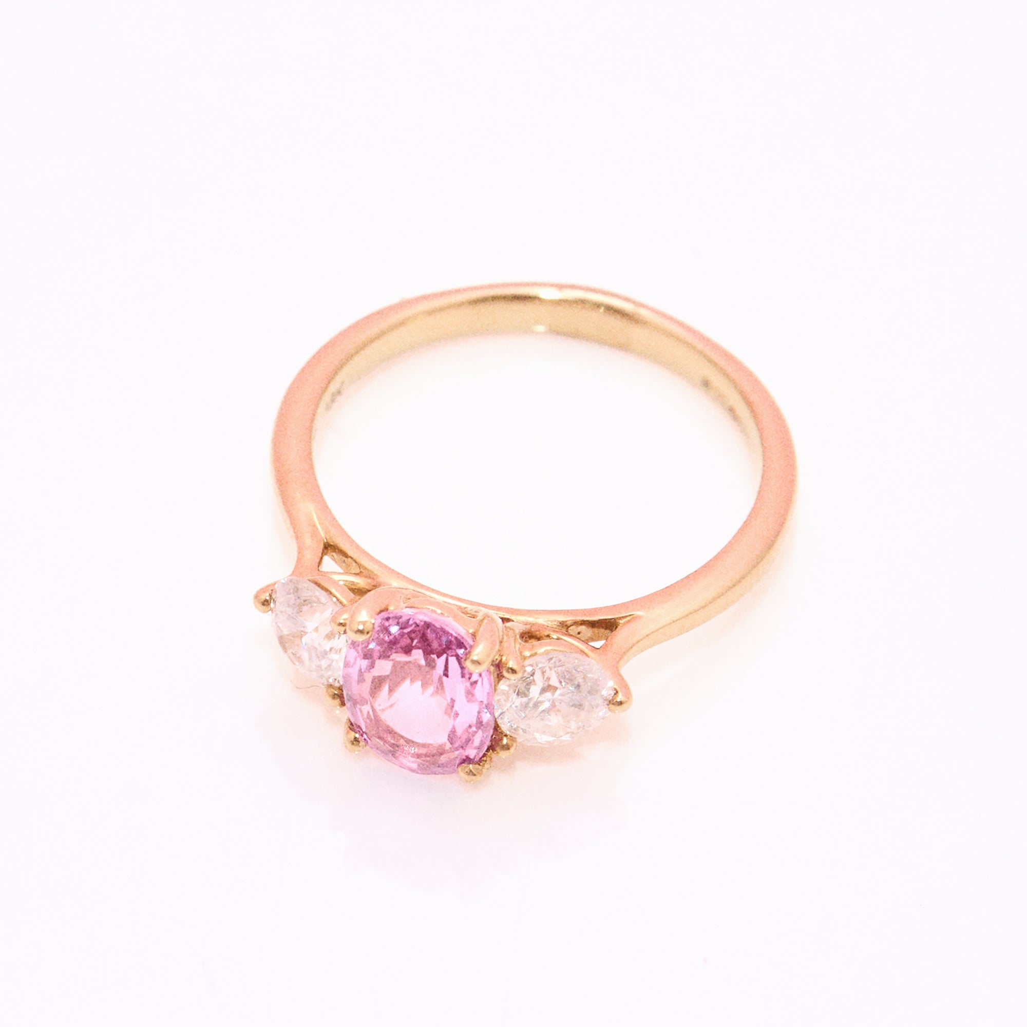 18ct gold 1.46ct pink sapphire and 0.84ct diamond three stone ring (made to order)