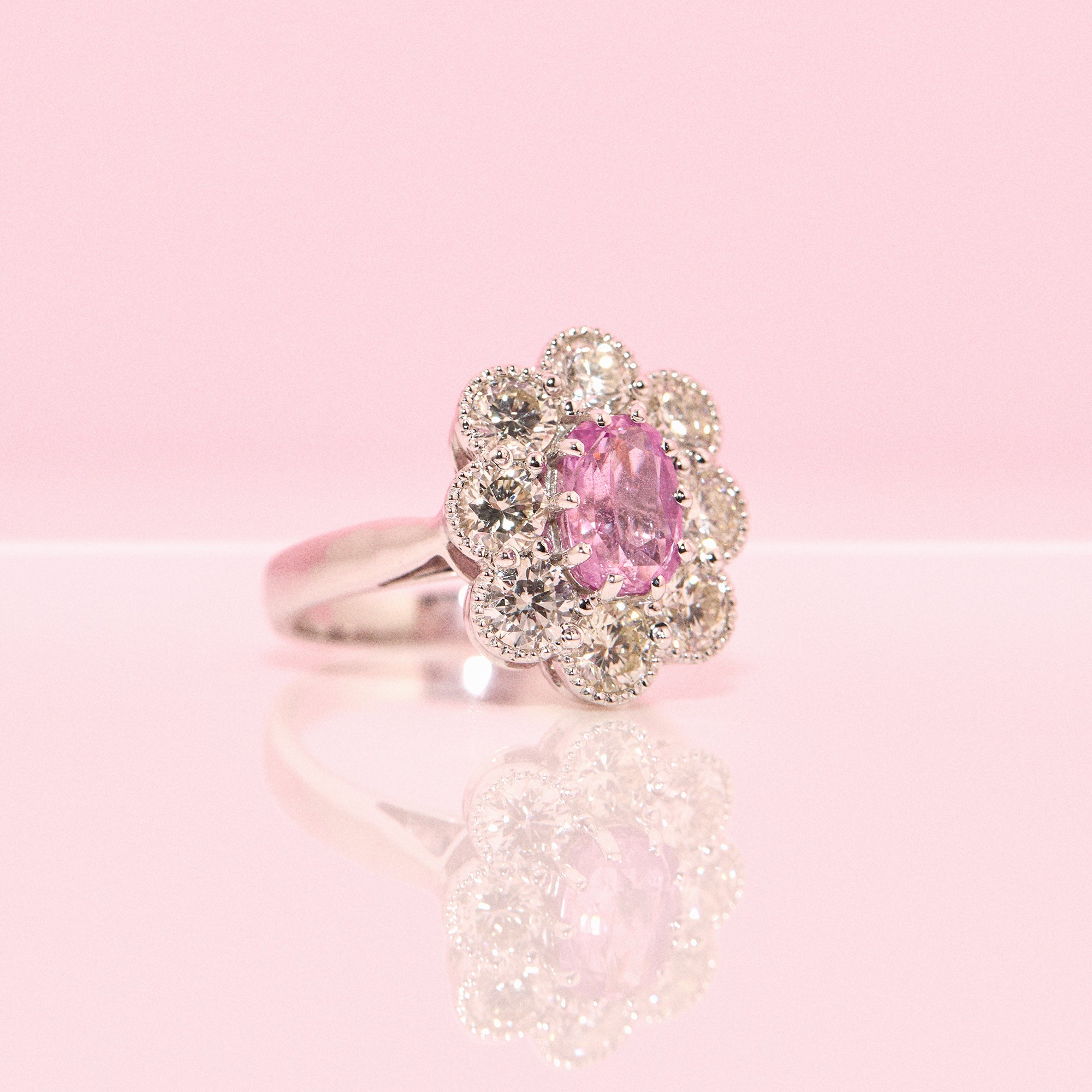 18ct white gold 1.84ct pink sapphire and diamond cluster ring