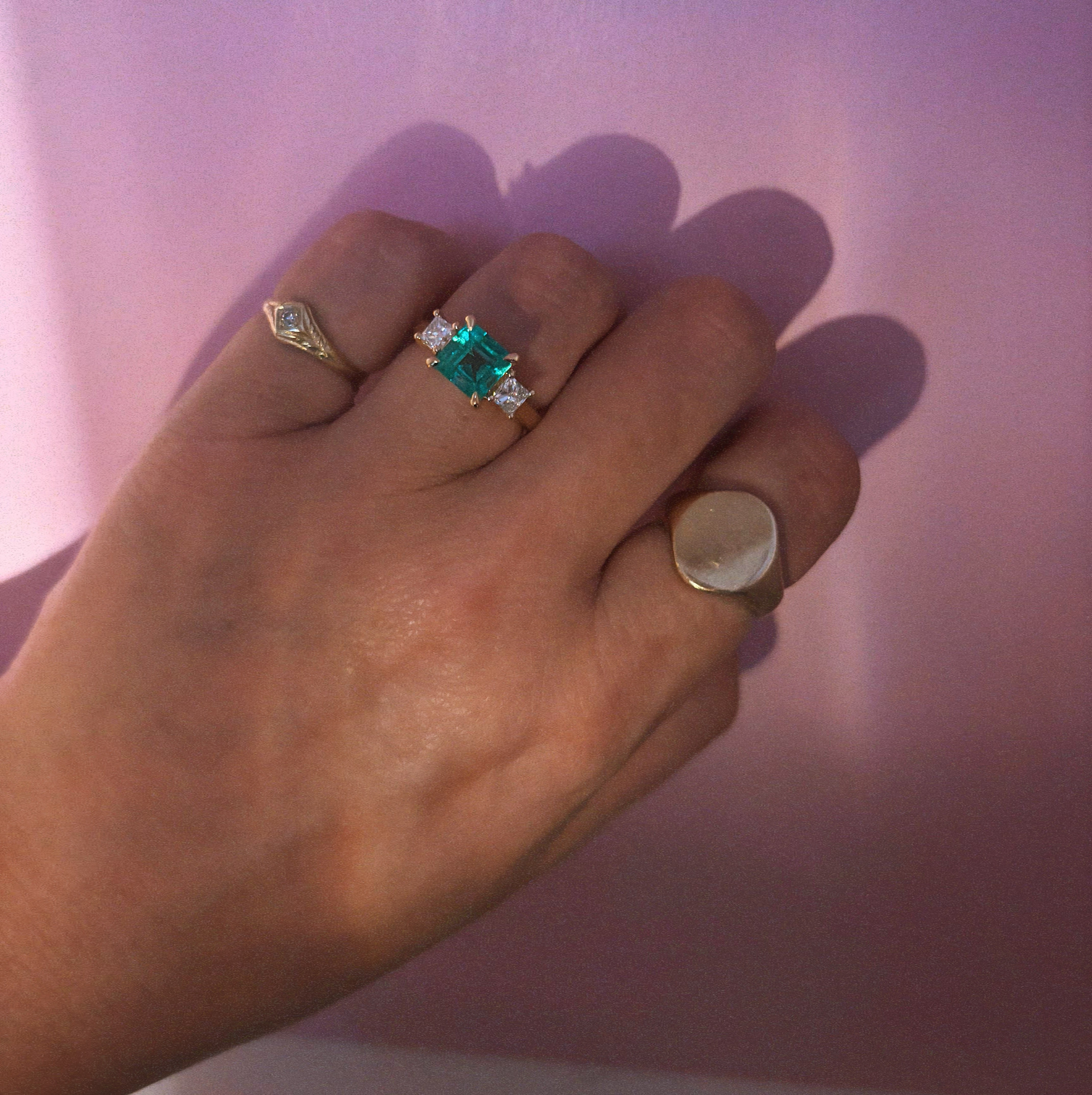18ct gold 1.65ct Columbian emerald and diamond three stone ring (made to order)
