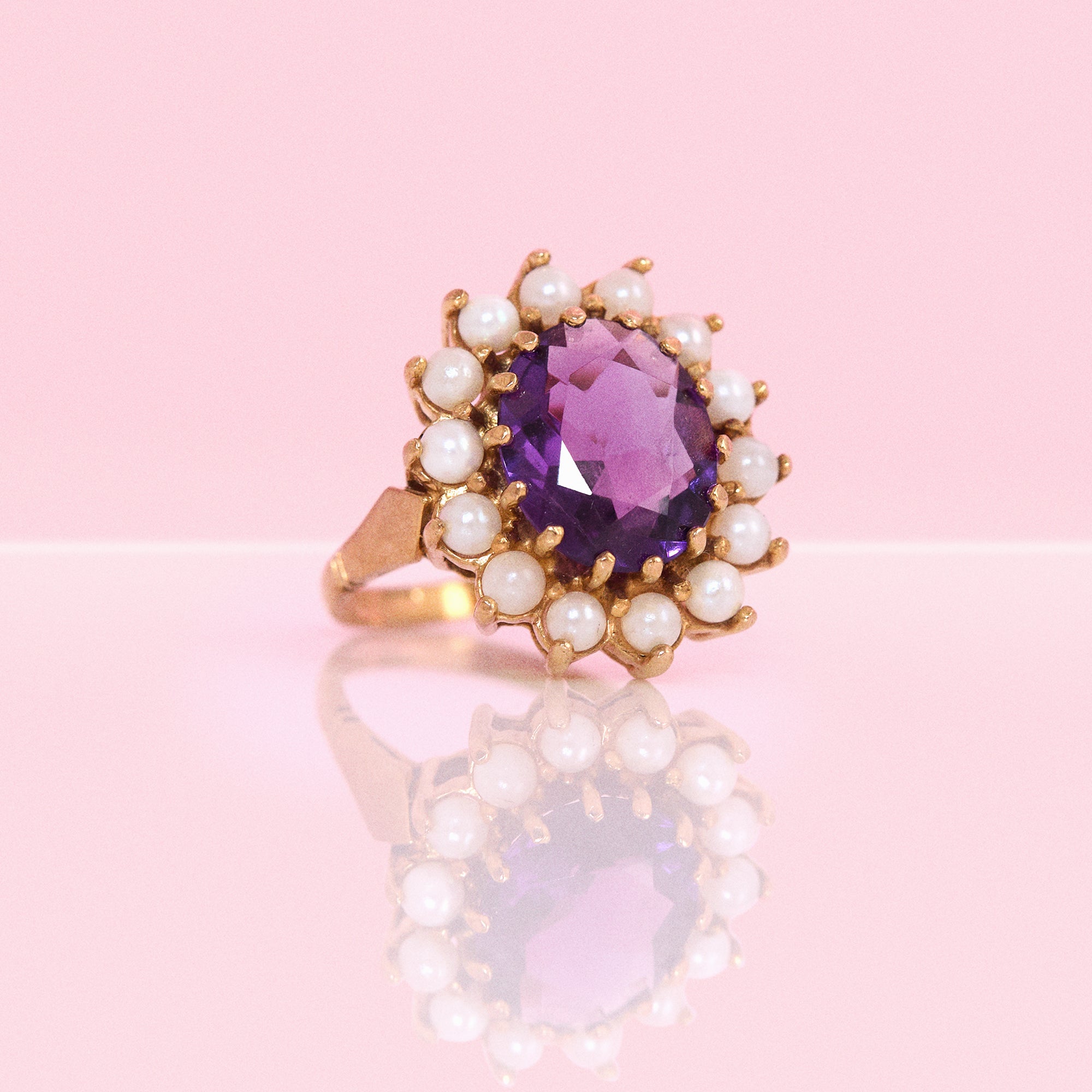 9ct gold amethyst and pearl cluster ring