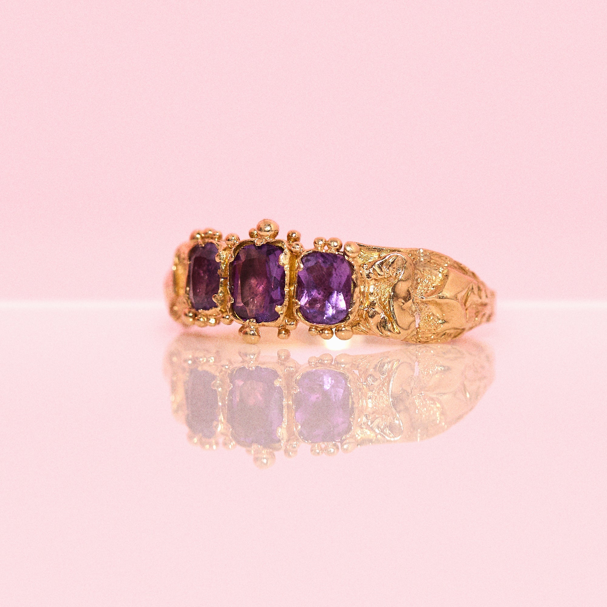 15ct gold three stone amethyst foil back ring