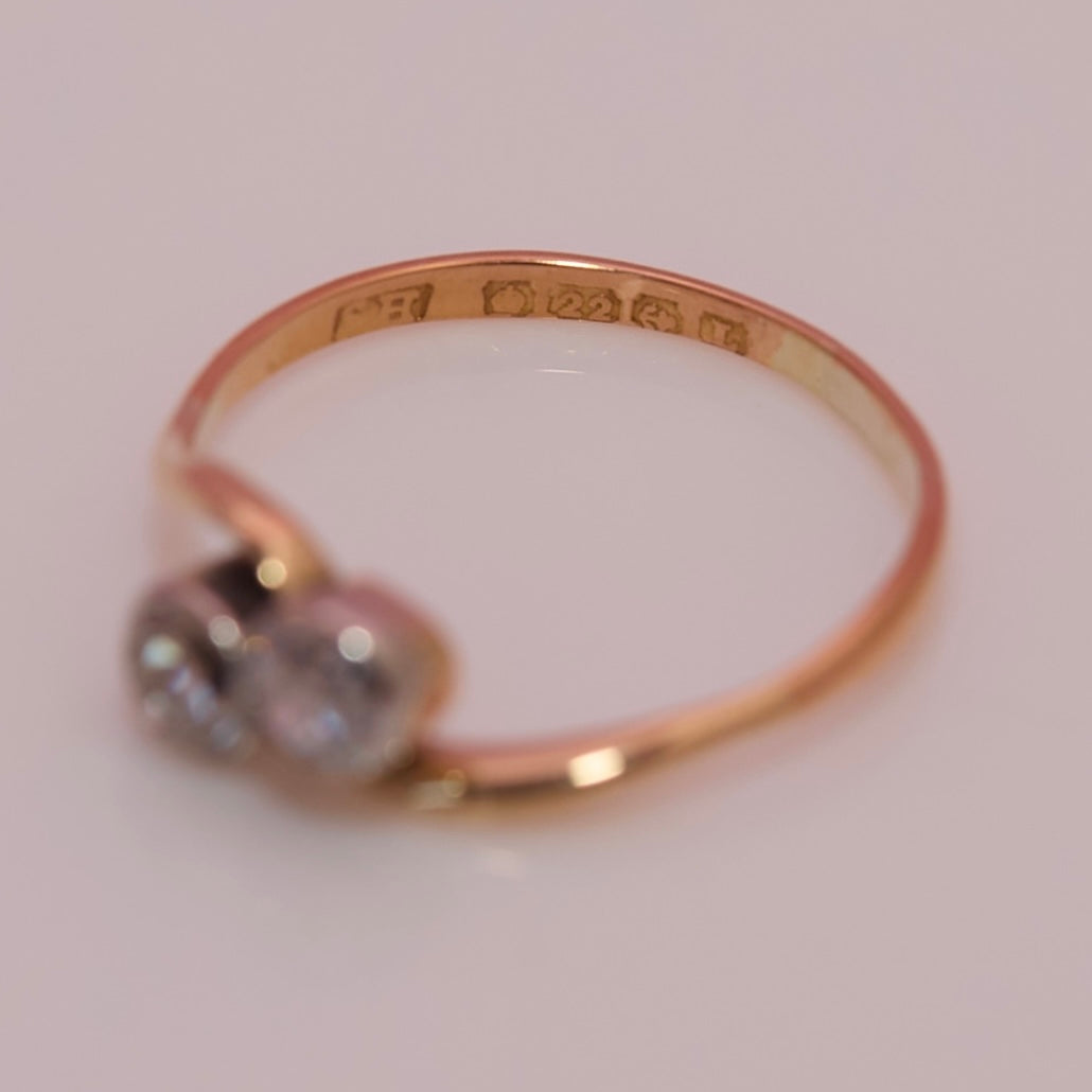 22ct gold 0.30ct diamond two stone cross over ring