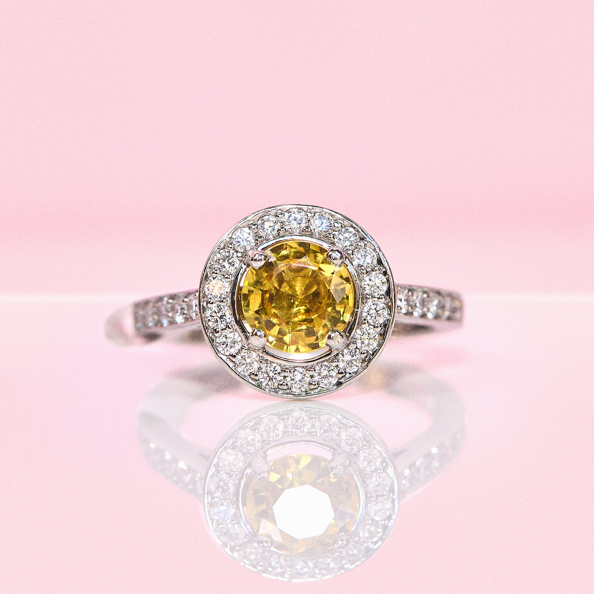 Platinum 1.05ct yellow sapphire and diamond halo ring