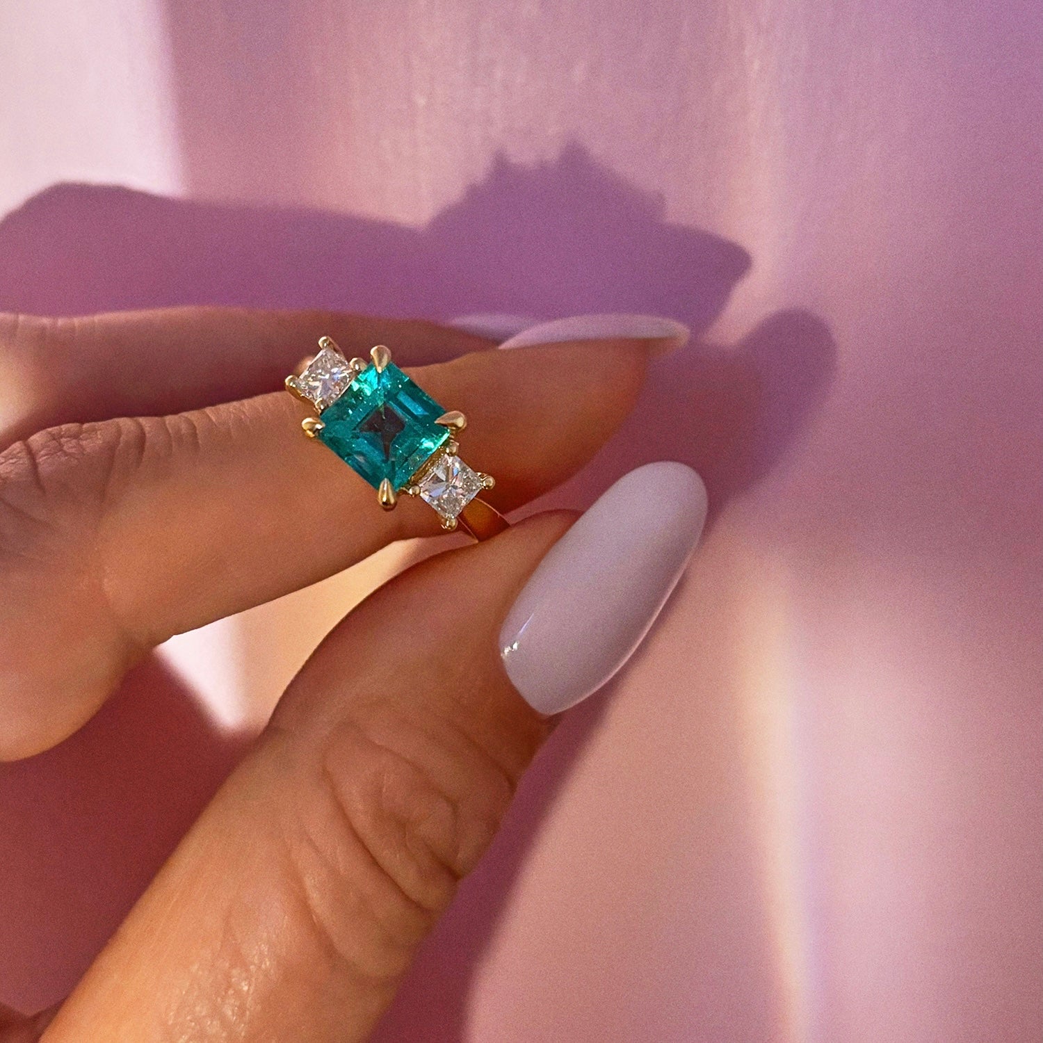 18ct gold 1.65ct Columbian emerald and diamond three stone ring (made to order)