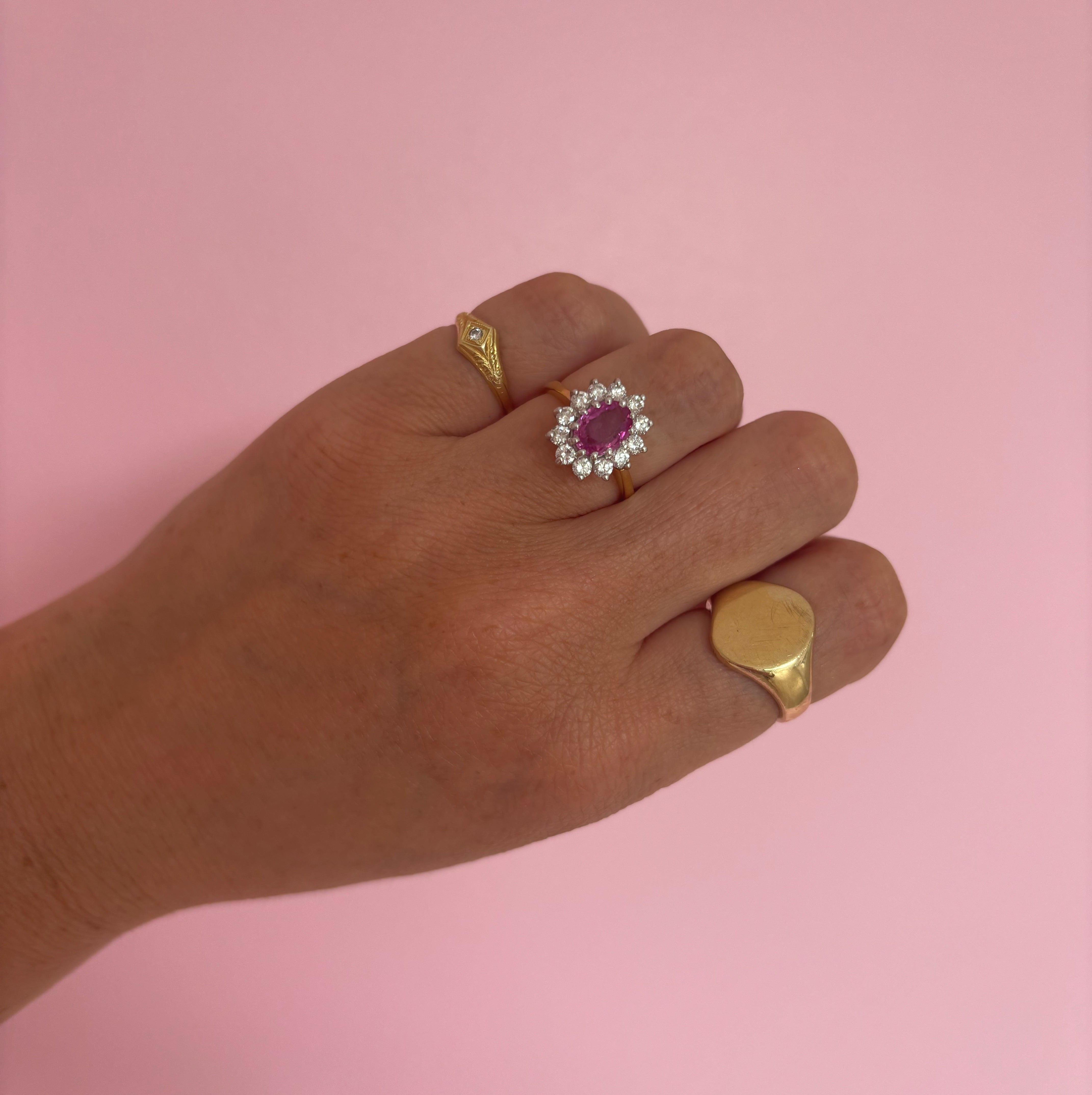 18ct gold pink sapphire and diamond cluster ring