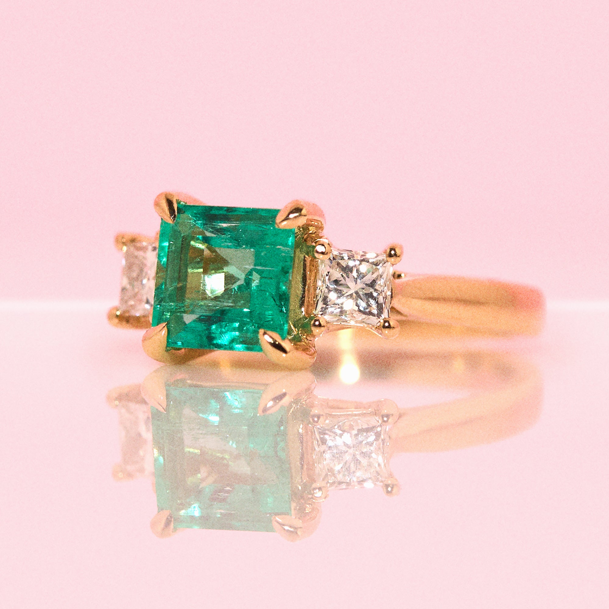 18ct gold 1.65ct Columbian emerald and diamond three stone ring (made to order)
