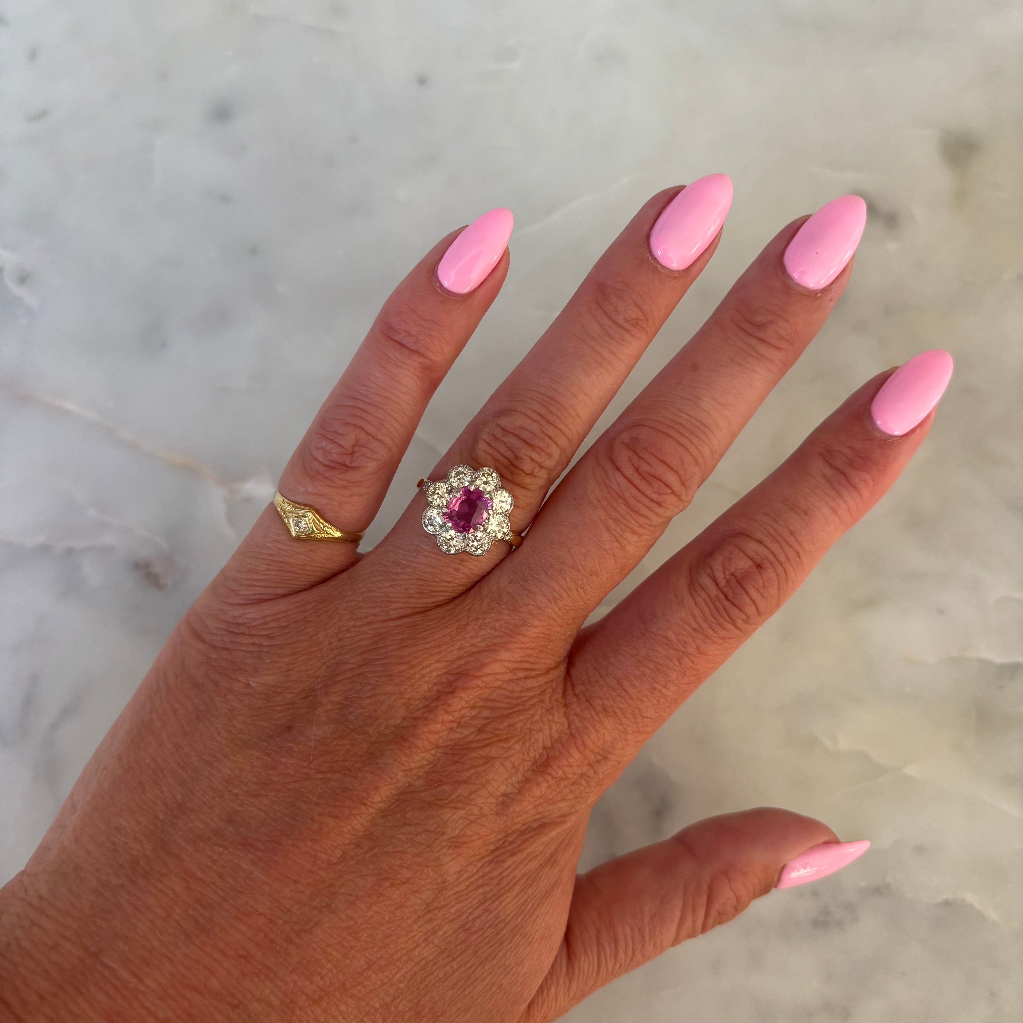 18ct gold pink sapphire and diamond flower ring