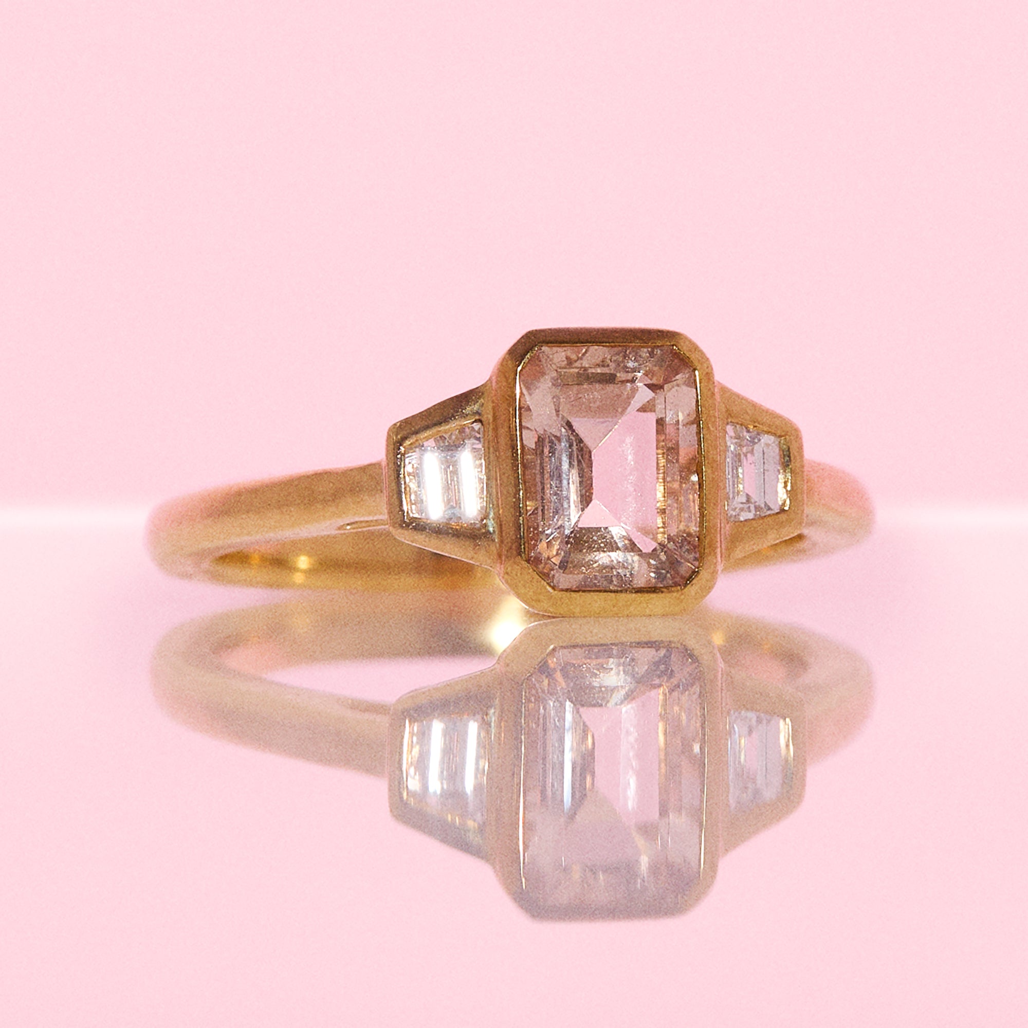 9ct gold emerald cut 0.74ct morganite and 0.22ct diamond ring
