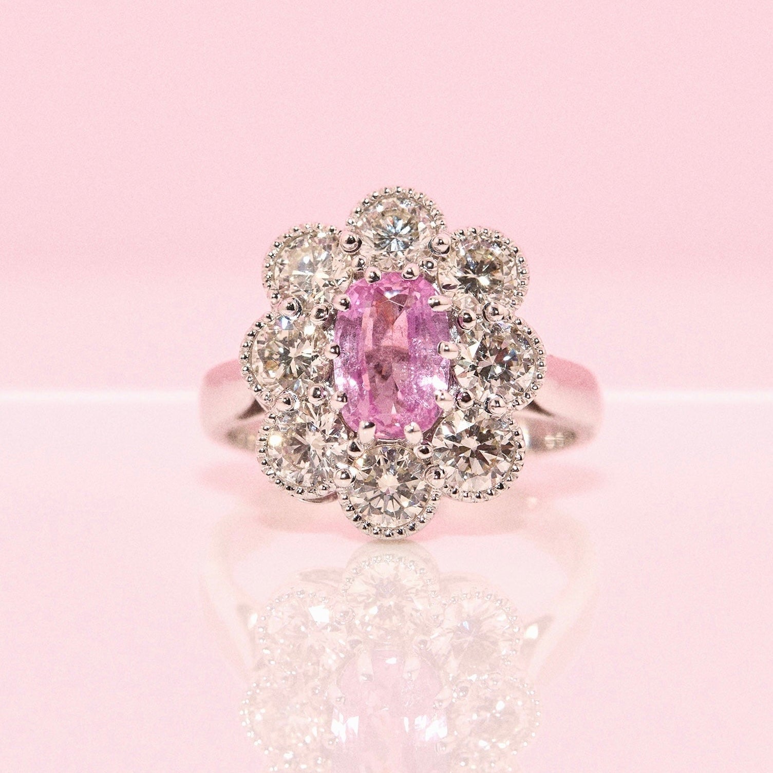 18ct white gold 1.84ct pink sapphire and diamond cluster ring