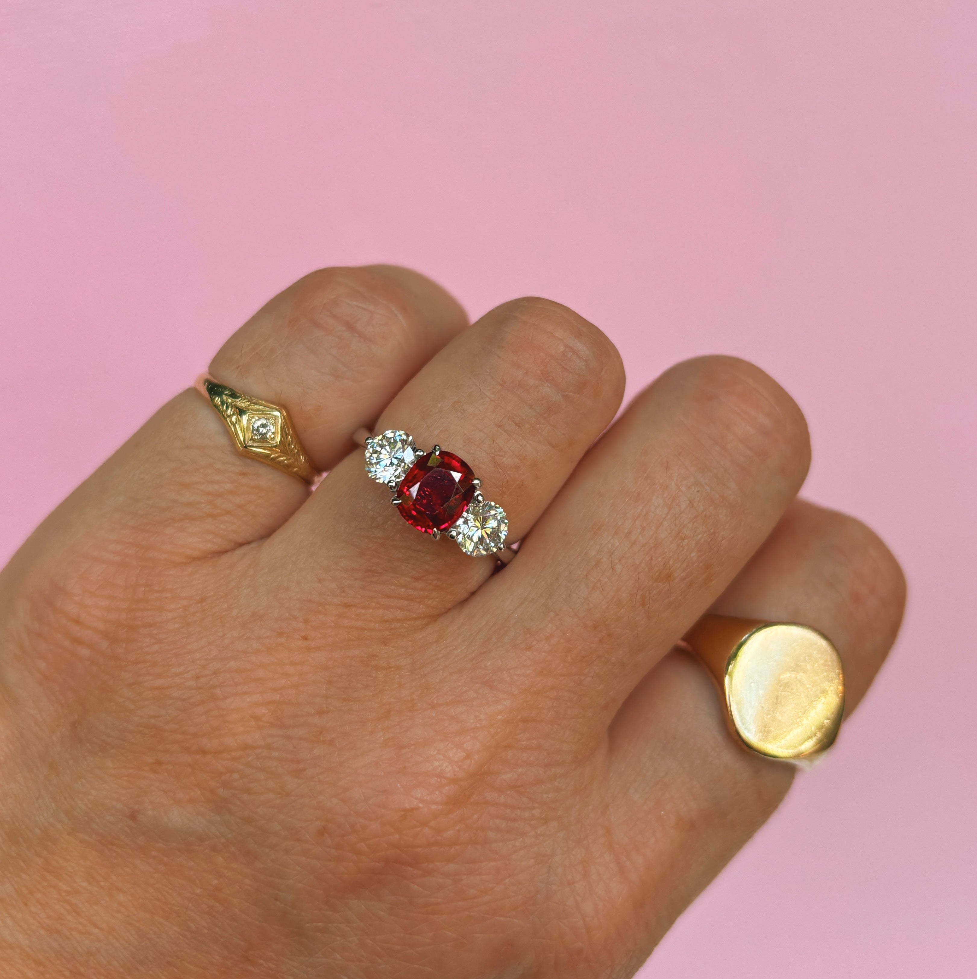 Platinum 1.50ct ruby and diamond three stone ring