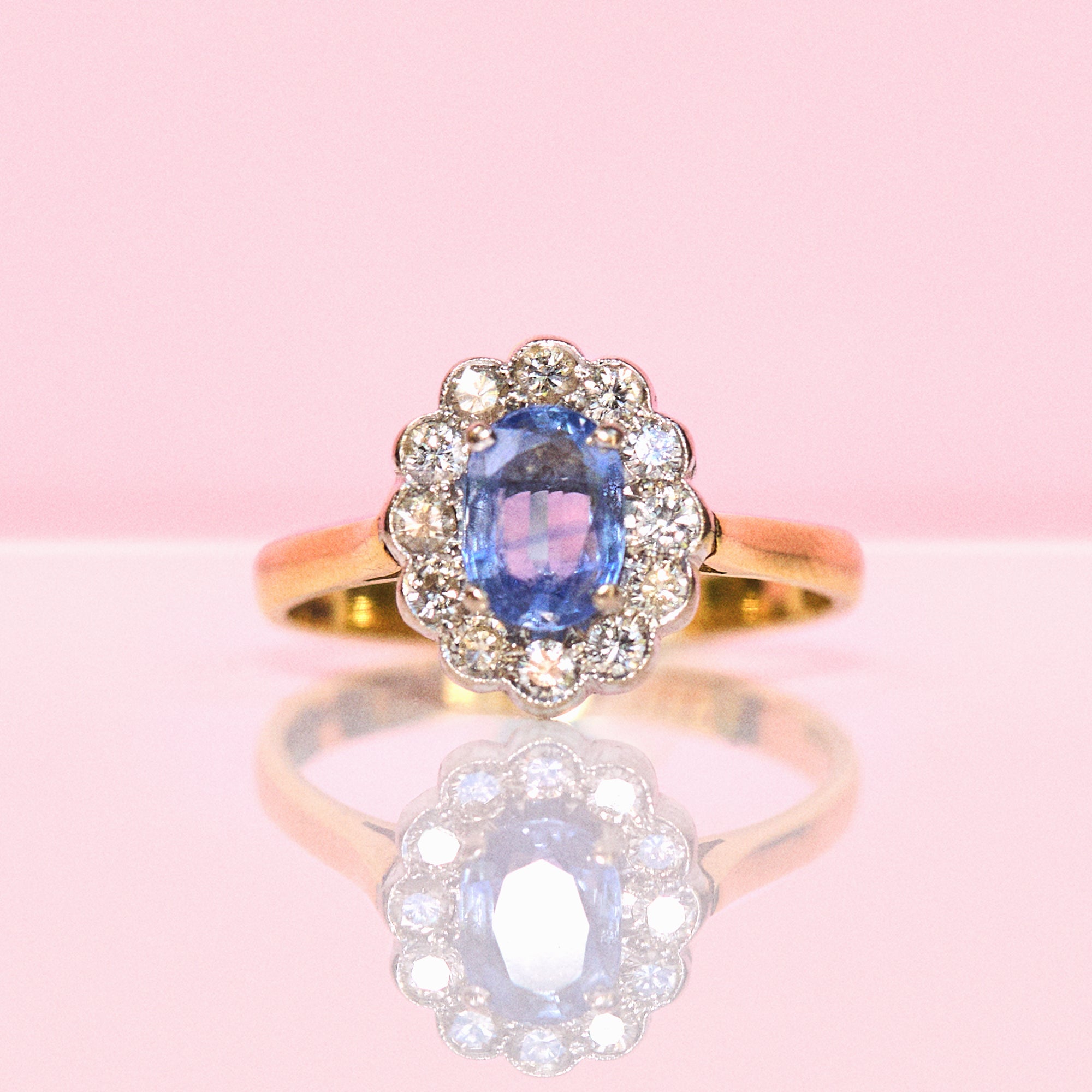18ct gold Ceylon sapphire and diamond cluster ring