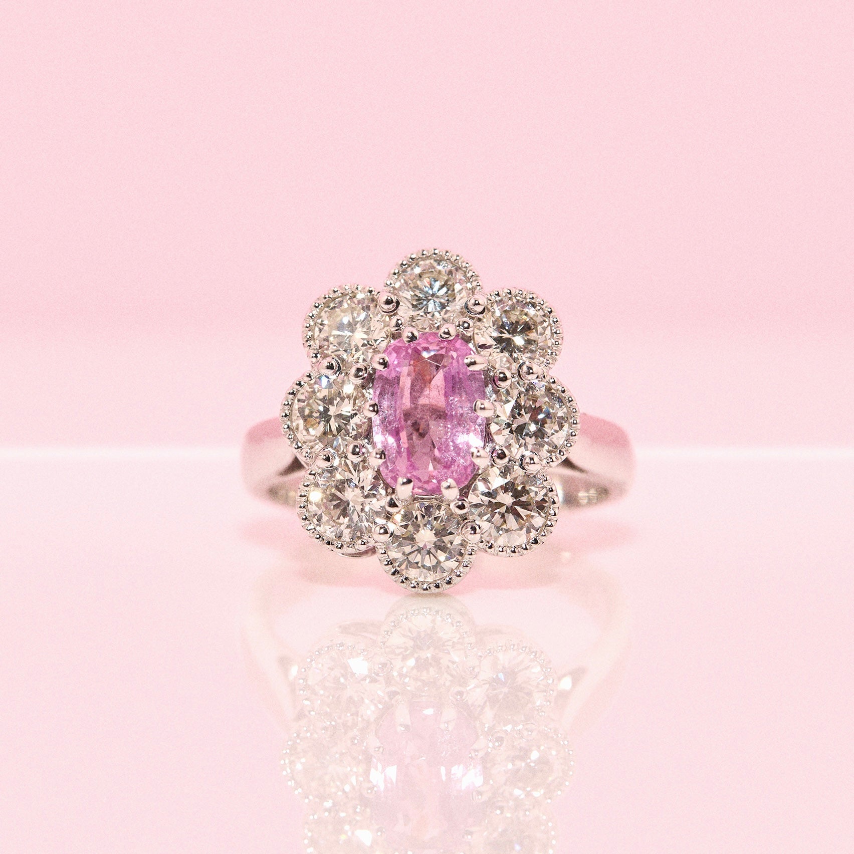 18ct white gold 1.84ct pink sapphire and diamond cluster ring