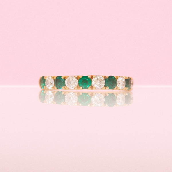 18ct yellow gold emerald and diamond half eternity ring