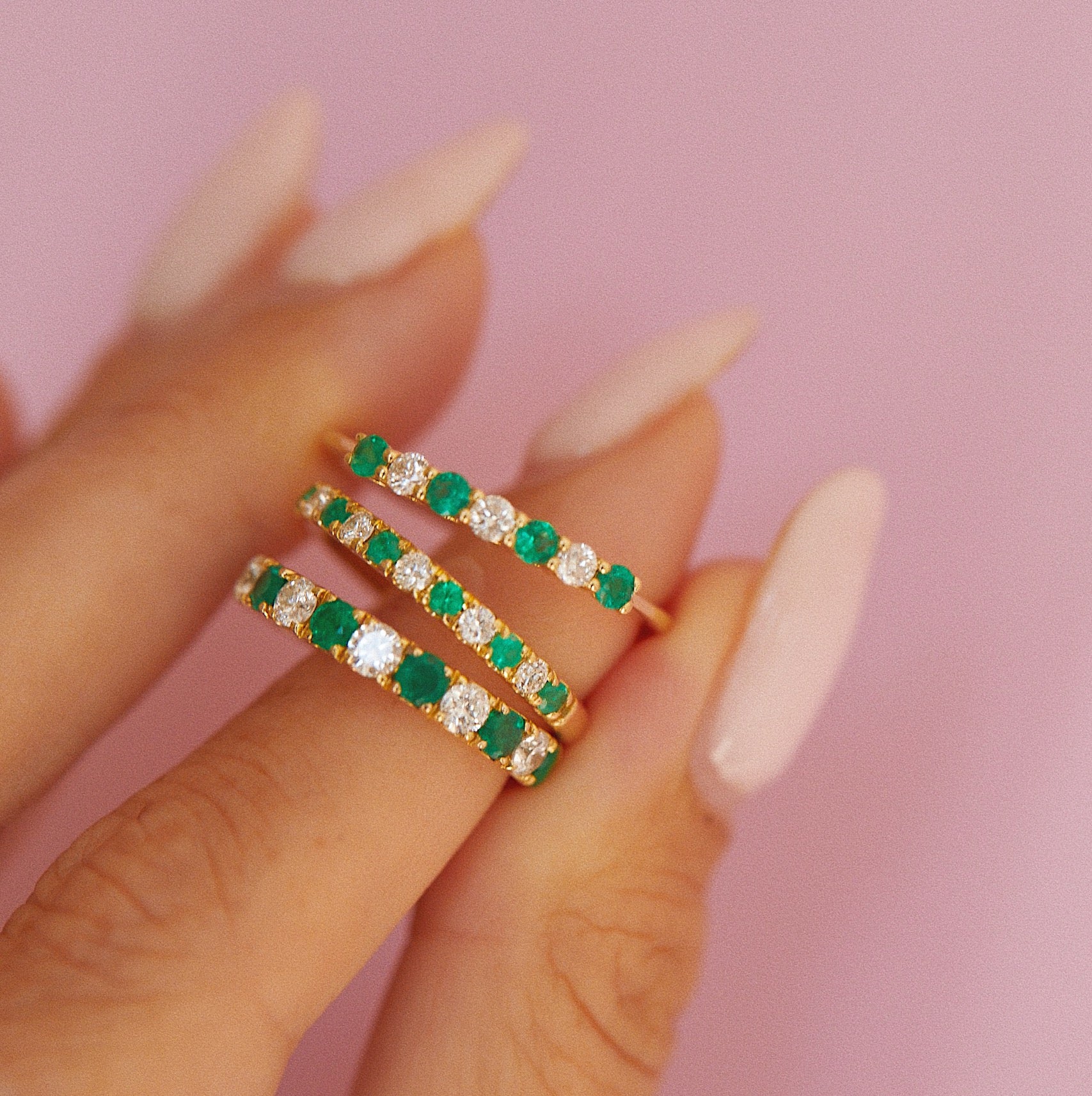 18ct yellow gold emerald and diamond half eternity ring (made to order)