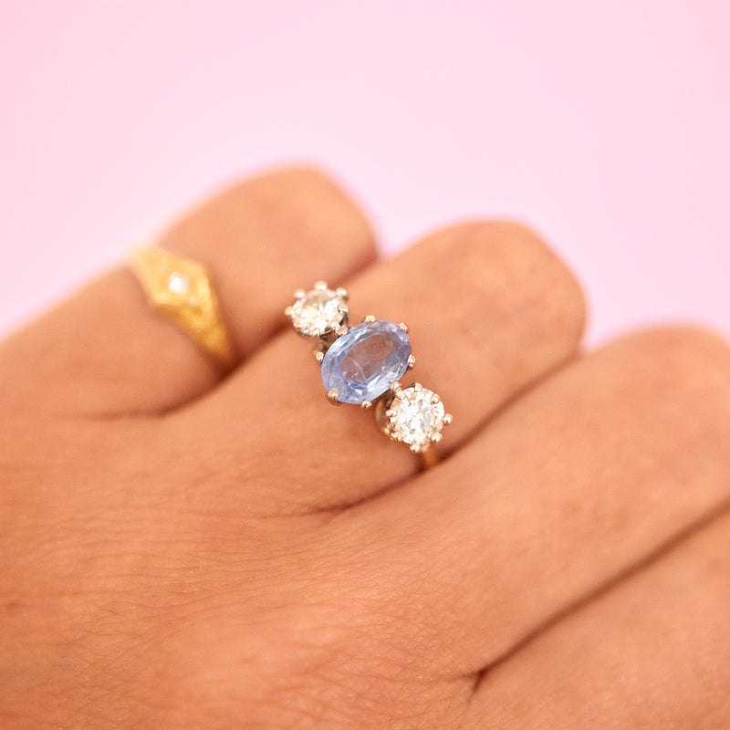 18ct gold sapphire and diamond three stone ring