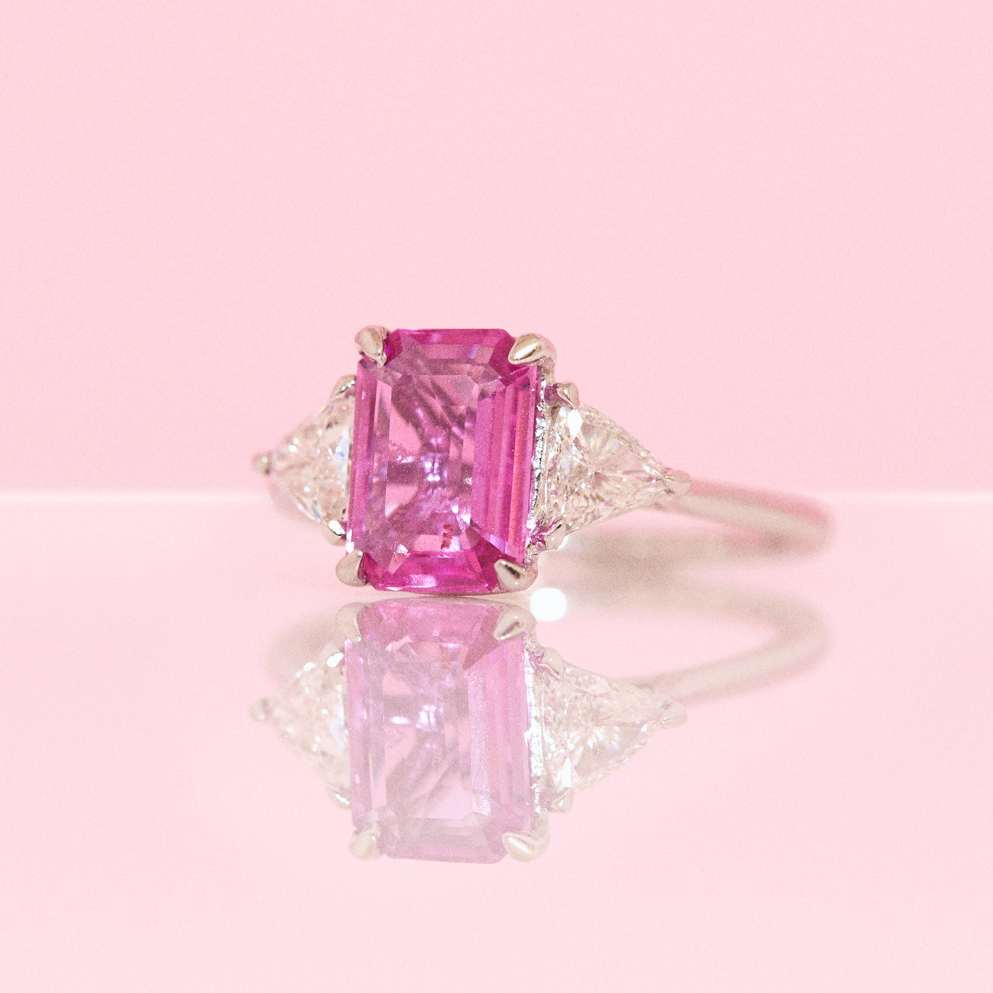 Platinum pink sapphire and diamond three stone ring (made to order)