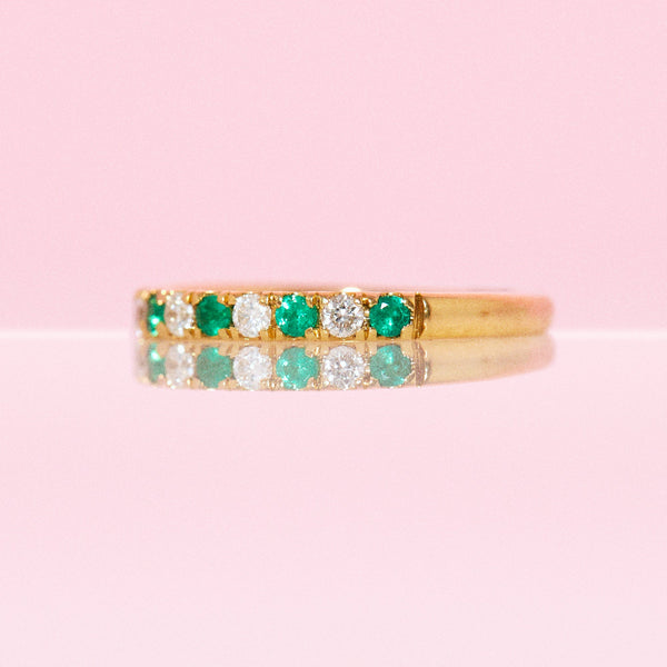 18ct yellow gold emerald and diamond half eternity ring