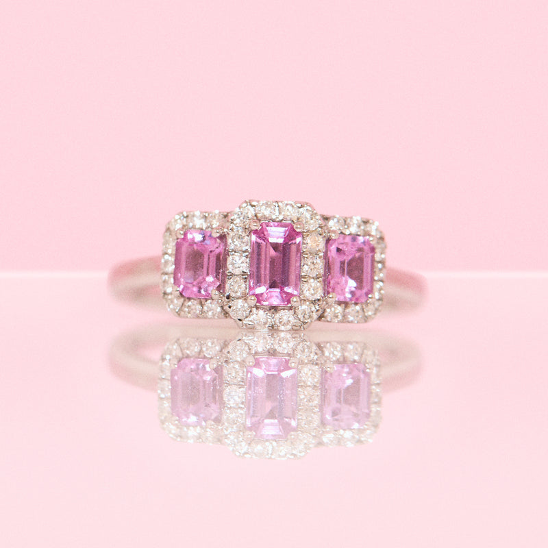 Platinum pink sapphire and diamond ring