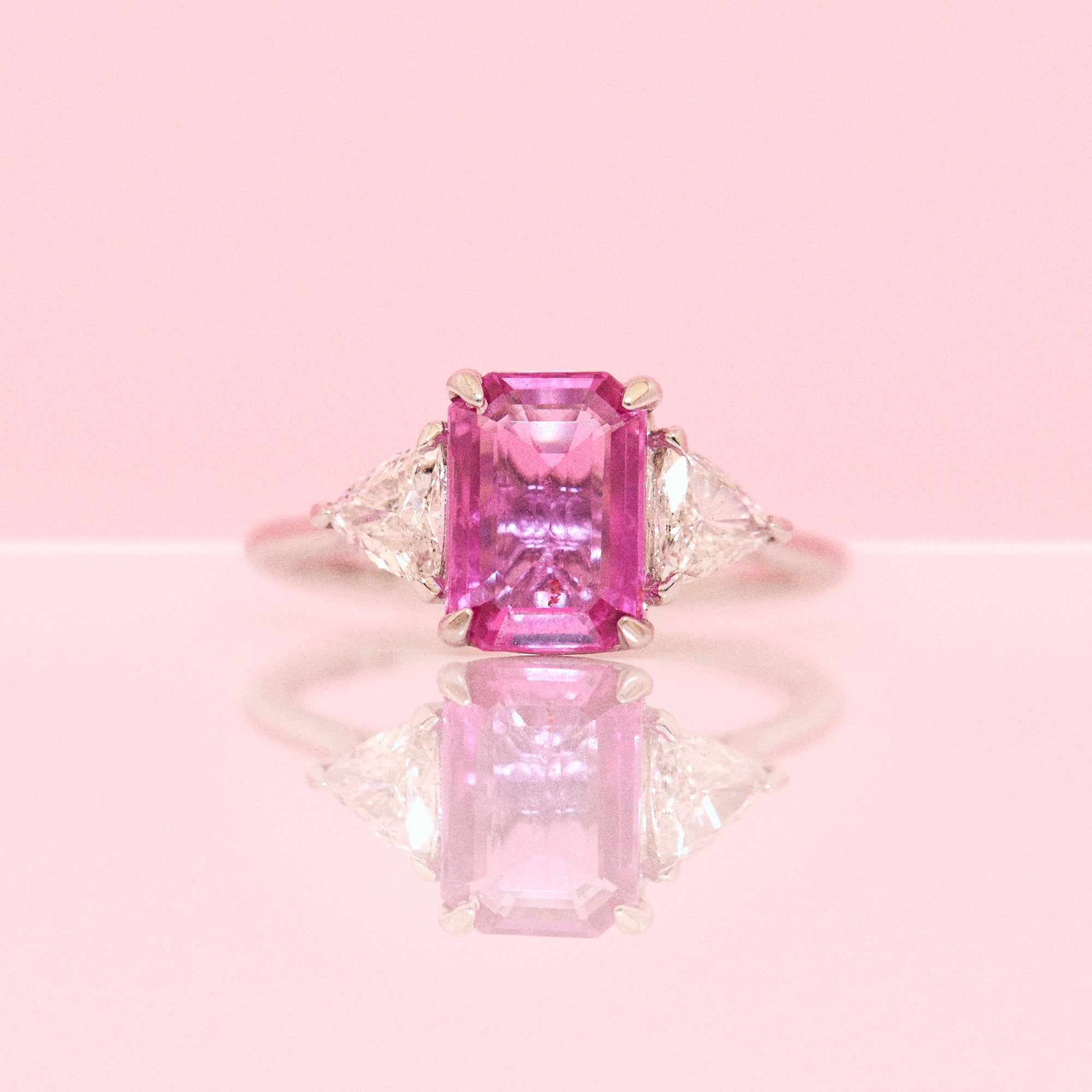 Platinum pink sapphire and diamond three stone ring (made to order)