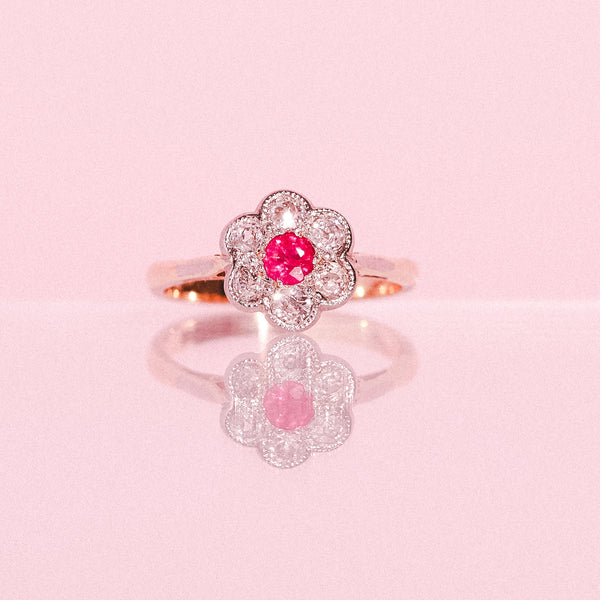 18ct gold ruby and diamond flower ring