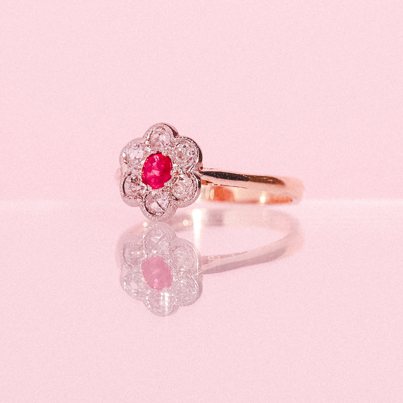 18ct gold ruby and diamond flower ring