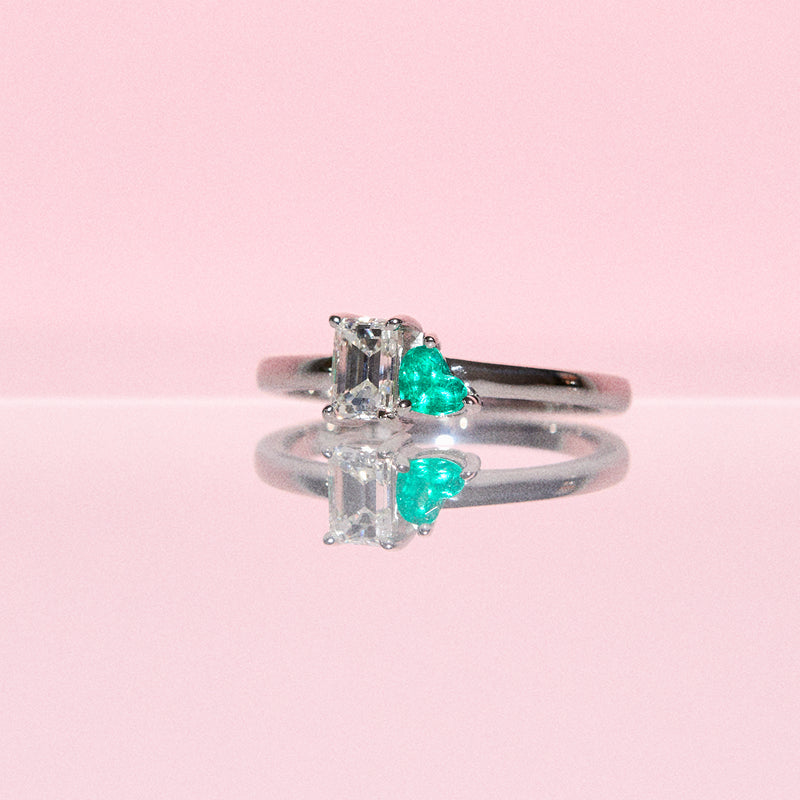 18ct white gold ‘toi et moi’ emerald and diamond ring