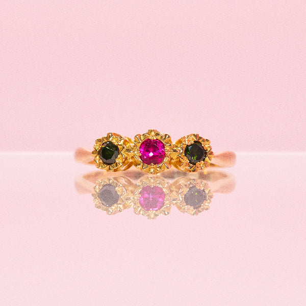 18ct gold ruby and green diamond three stone ring