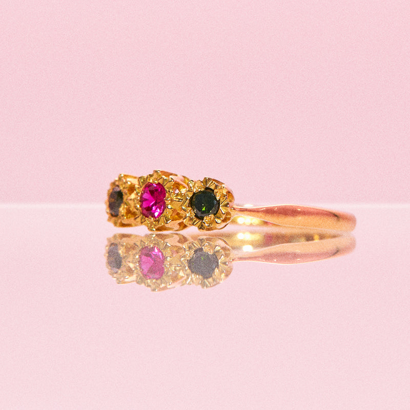 18ct gold ruby and green diamond three stone ring