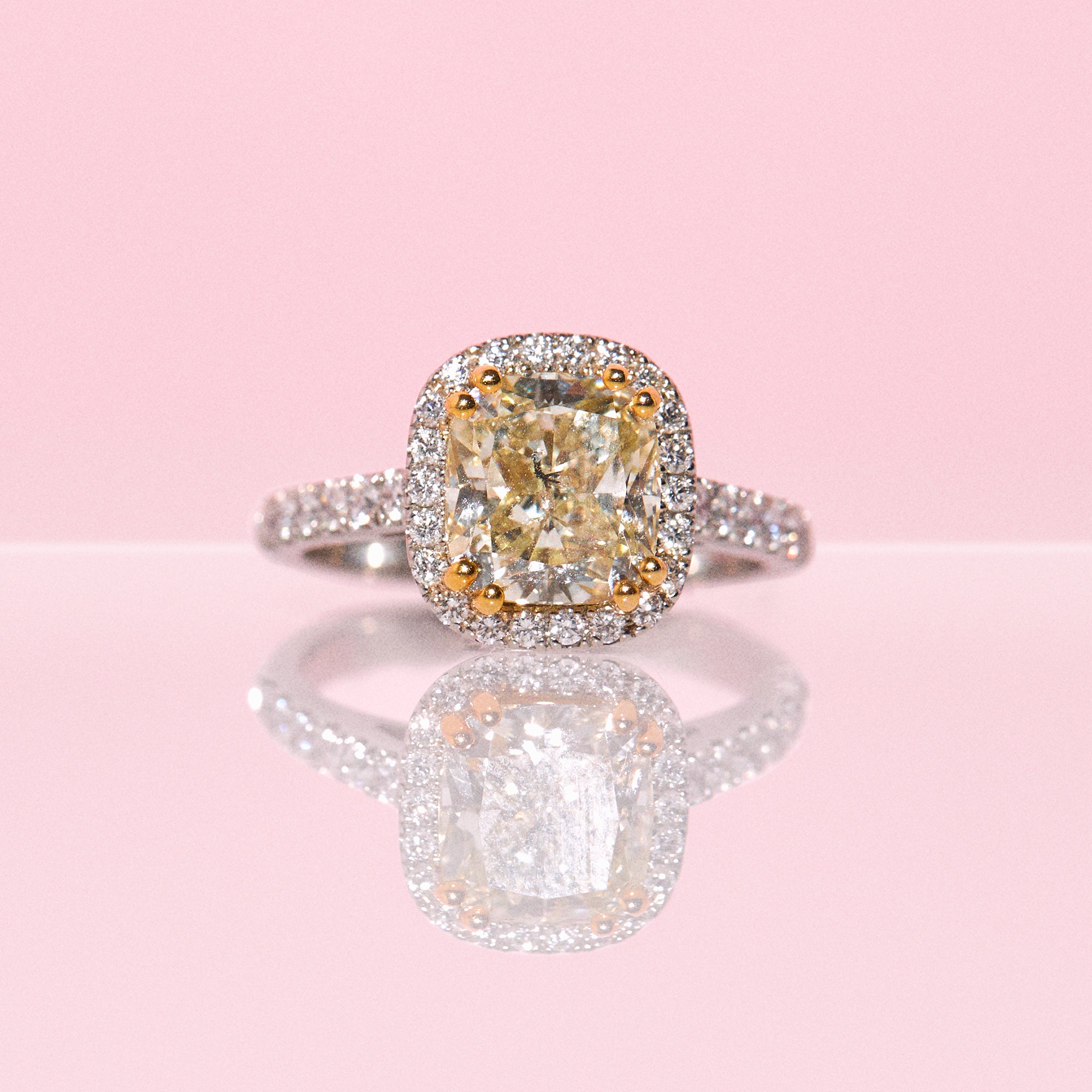 Platinum 3ct cushion cut yellow diamond halo ring